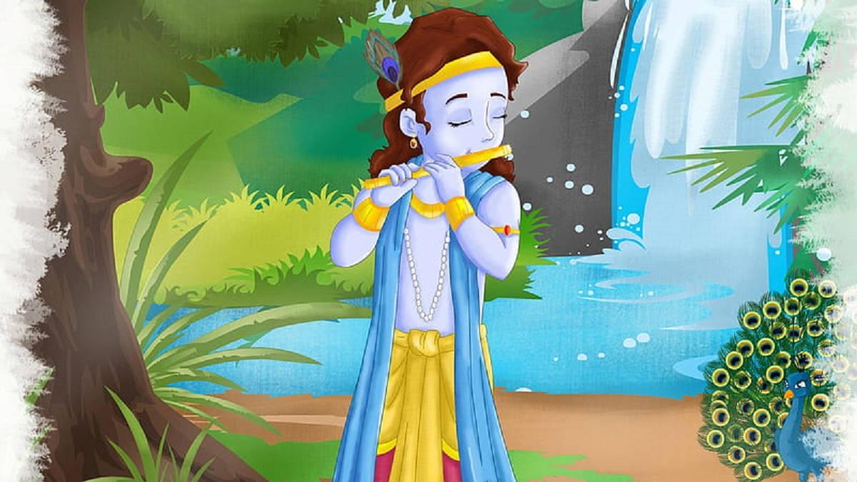 Little Krishna In Waterfalls — 1200x675 wallpaper