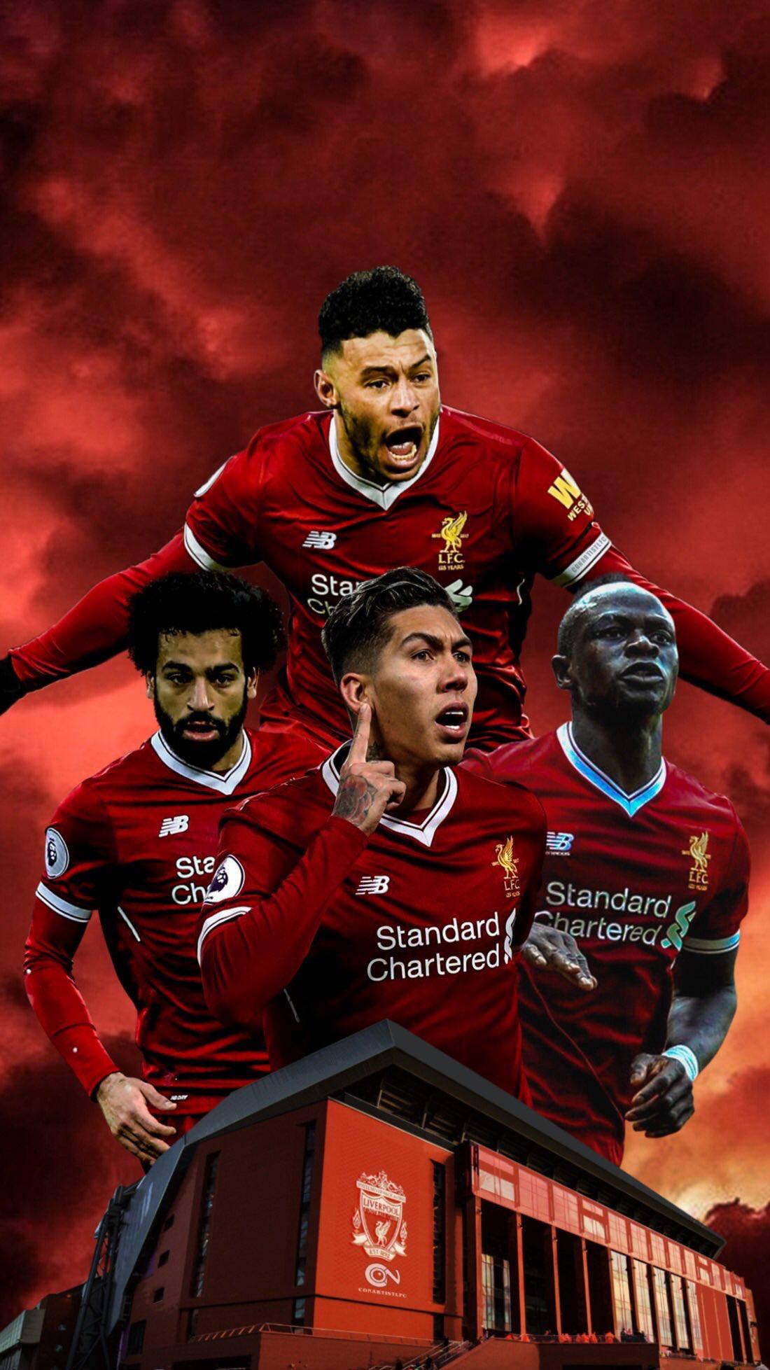 Liverpool FC trio Firmino, Salah and Mane, alongside team mate Chamberlain, celebrating a winning goal — 1100x1957 wallpaper