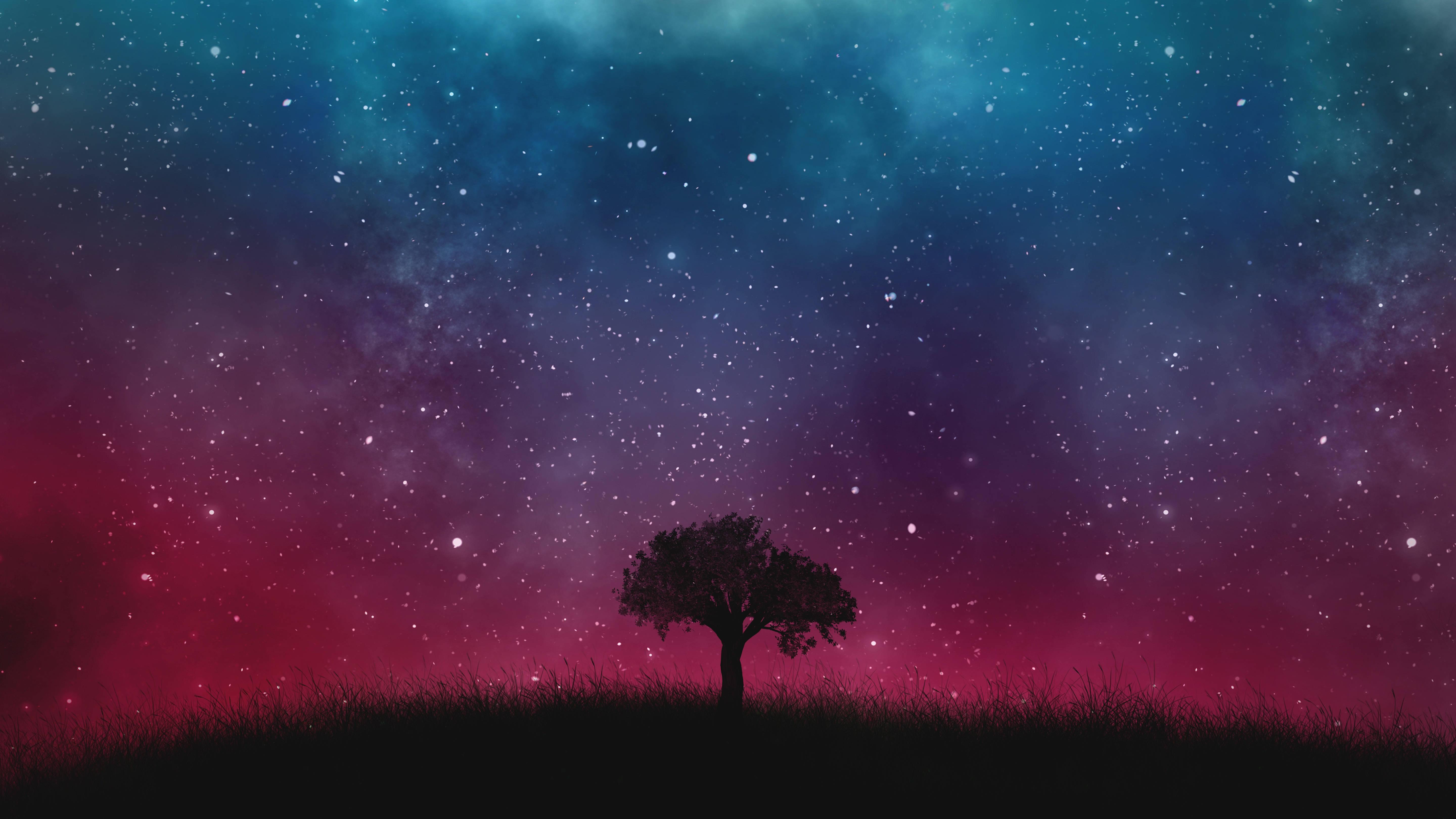 Lone Tree In A Starry Night — 5760x3240 wallpaper