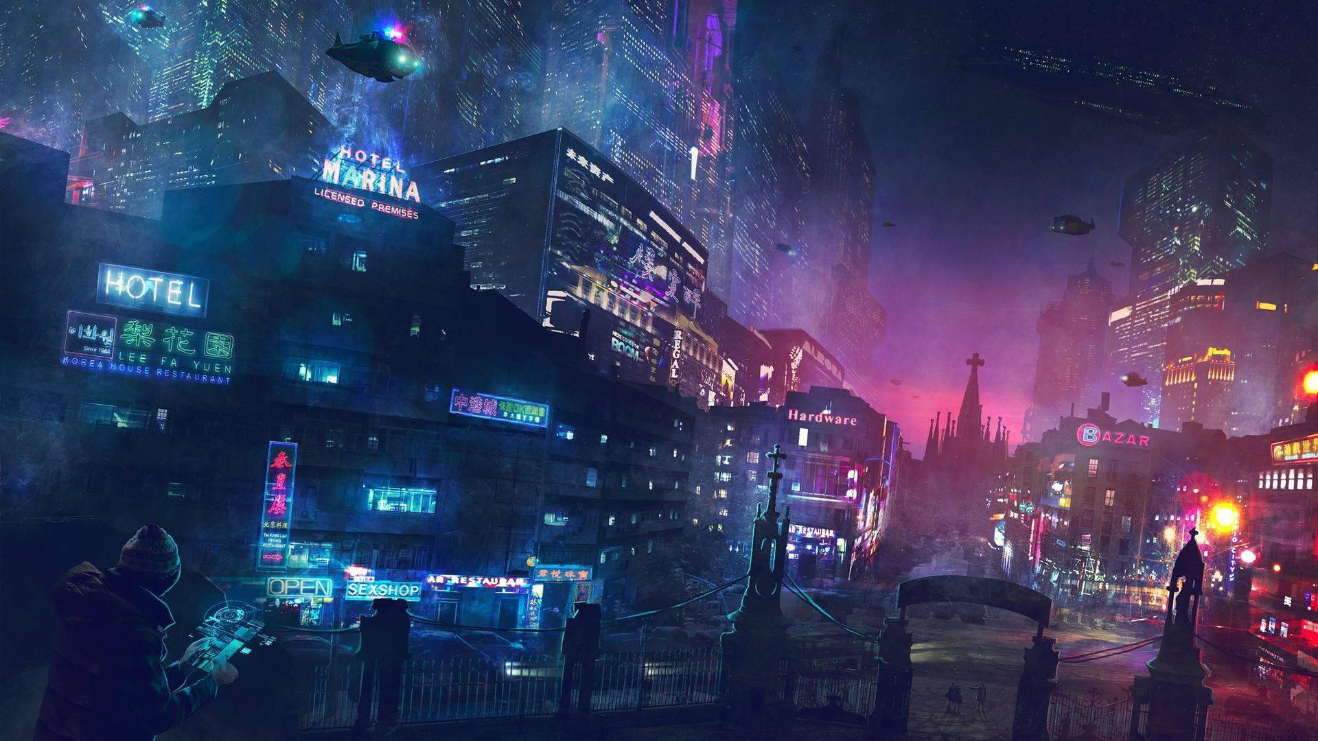 Looking up into the vast, futuristic cyberpunk cityscape, the urban night sky is illuminated by the chaos and energy of this technological paradise. — 1920x1080 wallpaper