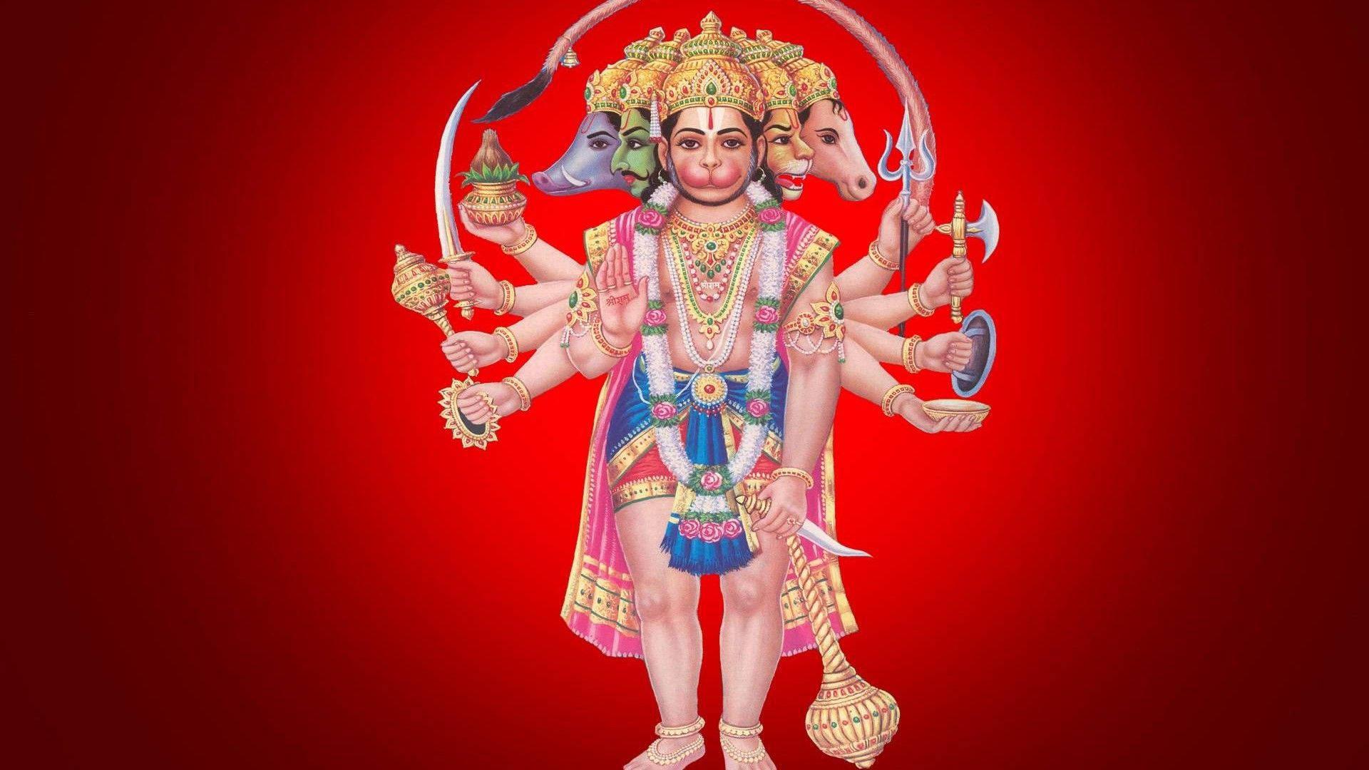 Lord Hanuman Many Faces On Red HD