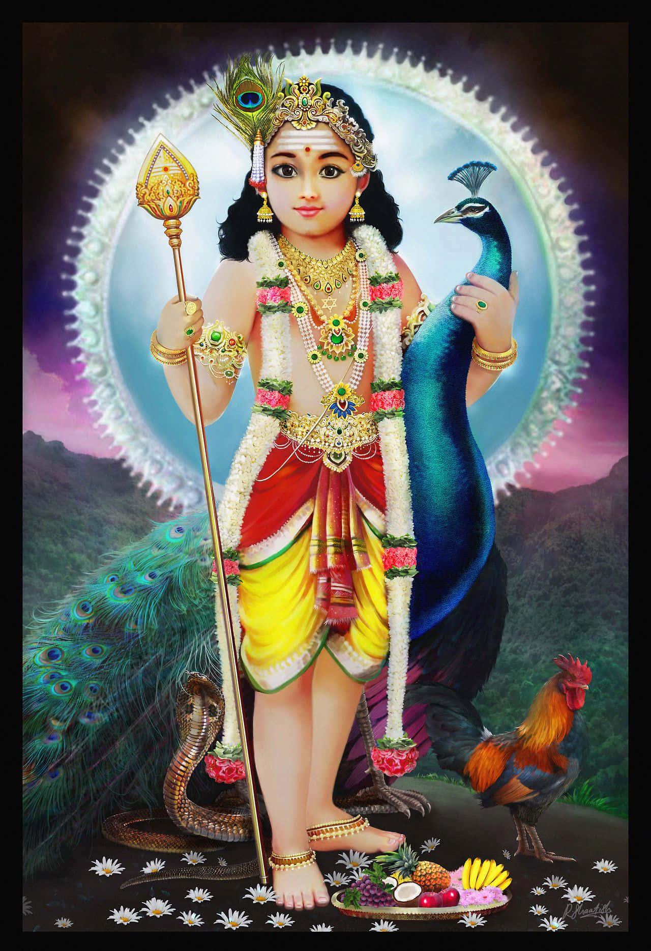 lord krishna with a peacock and a peacock