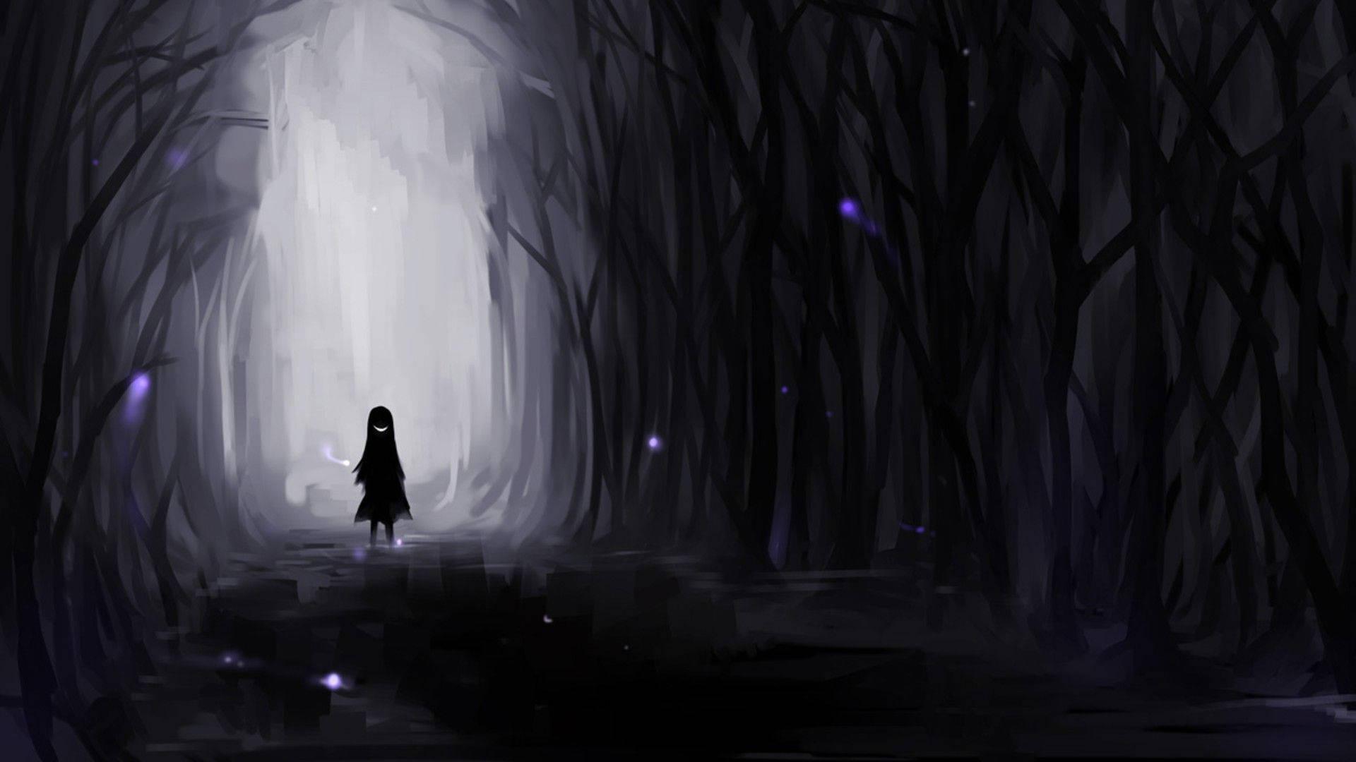 Lost in thought, the sad anime girl wanders through a dark forest. — 1920x1080 wallpaper
