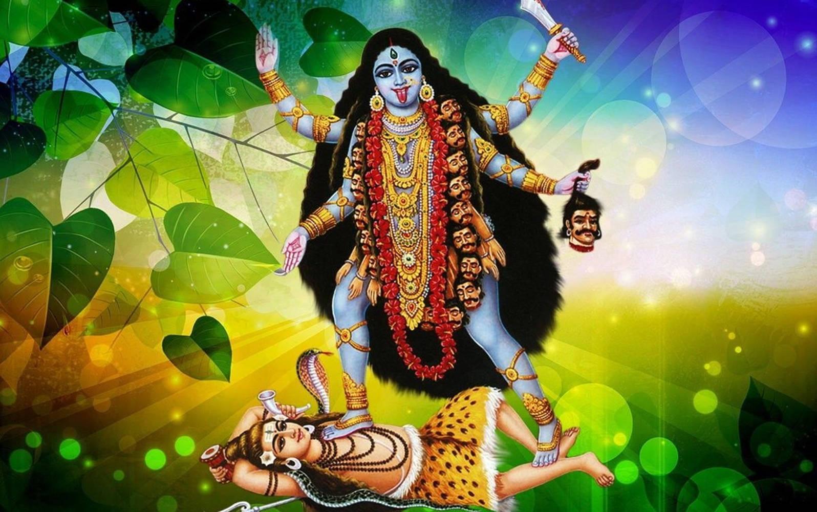 Maa Kali On Shiva Leaves Green Aesthetic — 1596x1000 wallpaper