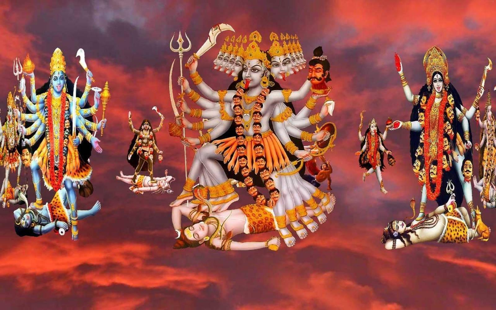 Maa Kali On Shiva Paintings On Red Sky — 1600x1000 wallpaper
