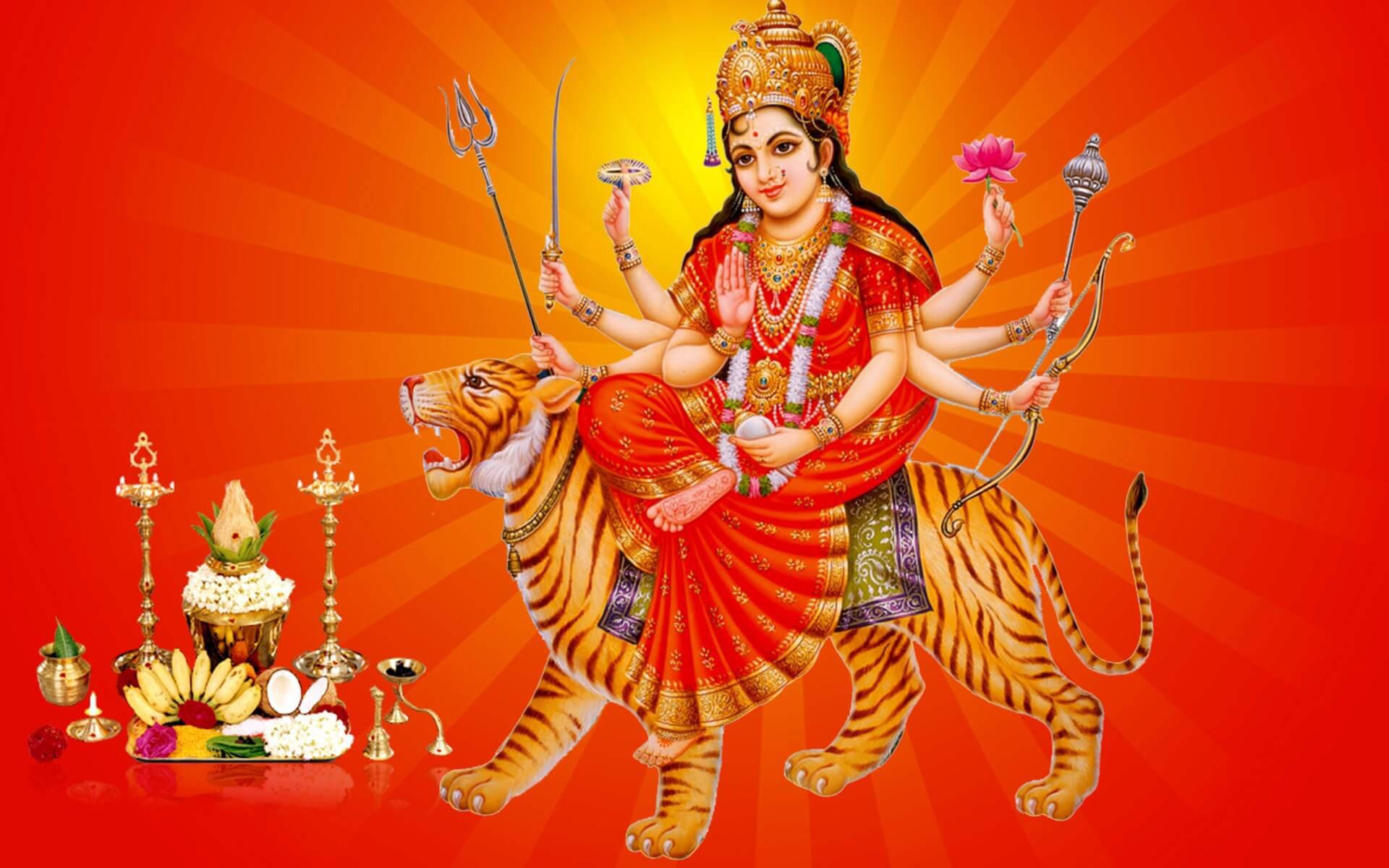Maa Sherawali Deity Orange Rays Effect — 1920x1200 wallpaper