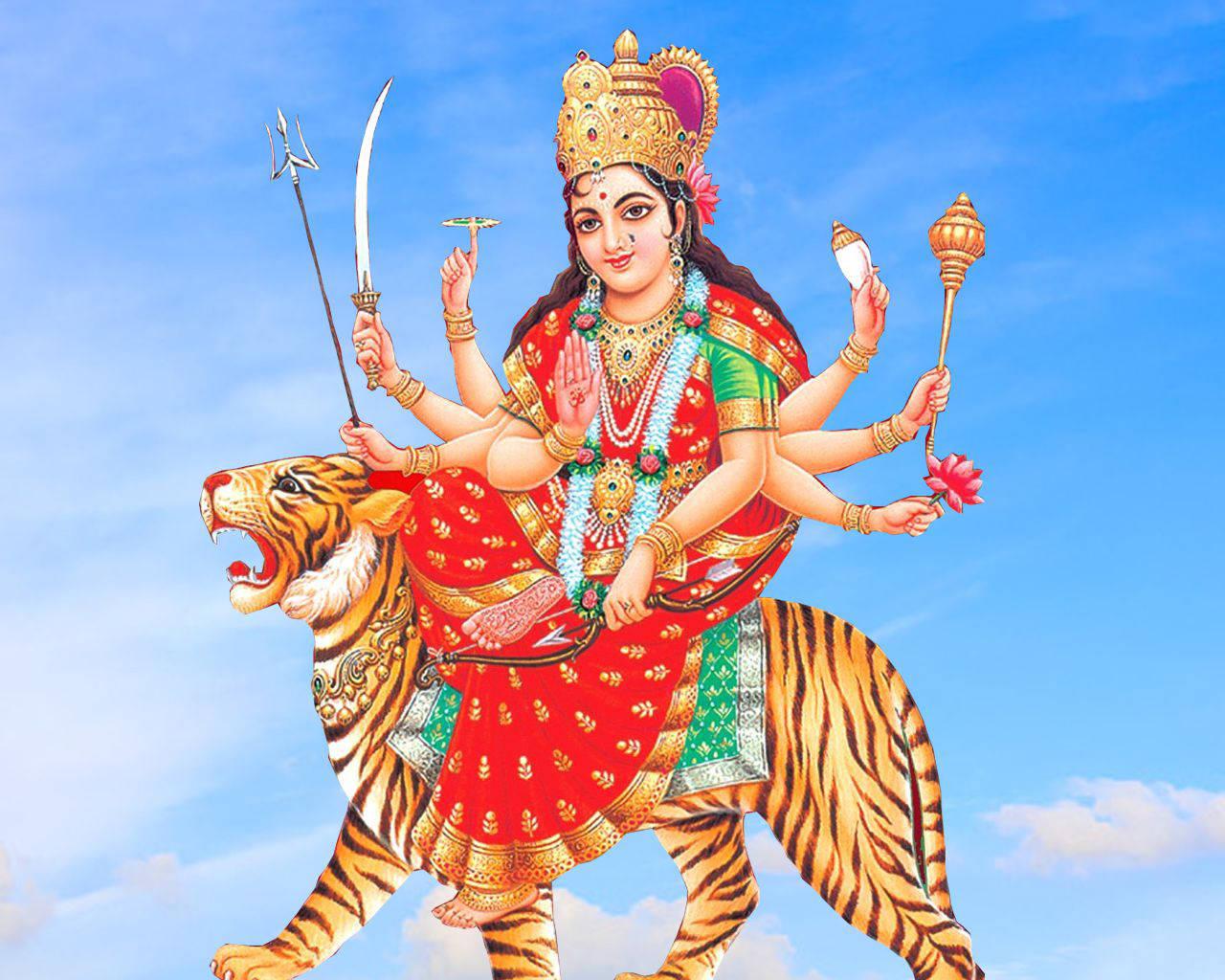 Maa Sherawali Goddess Cloudy Sky Background — 1280x1024 wallpaper