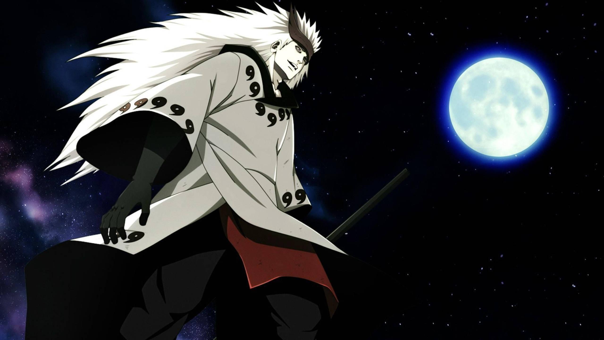 Madara stares at a bright full moon in the night sky — 2560x1440 wallpaper