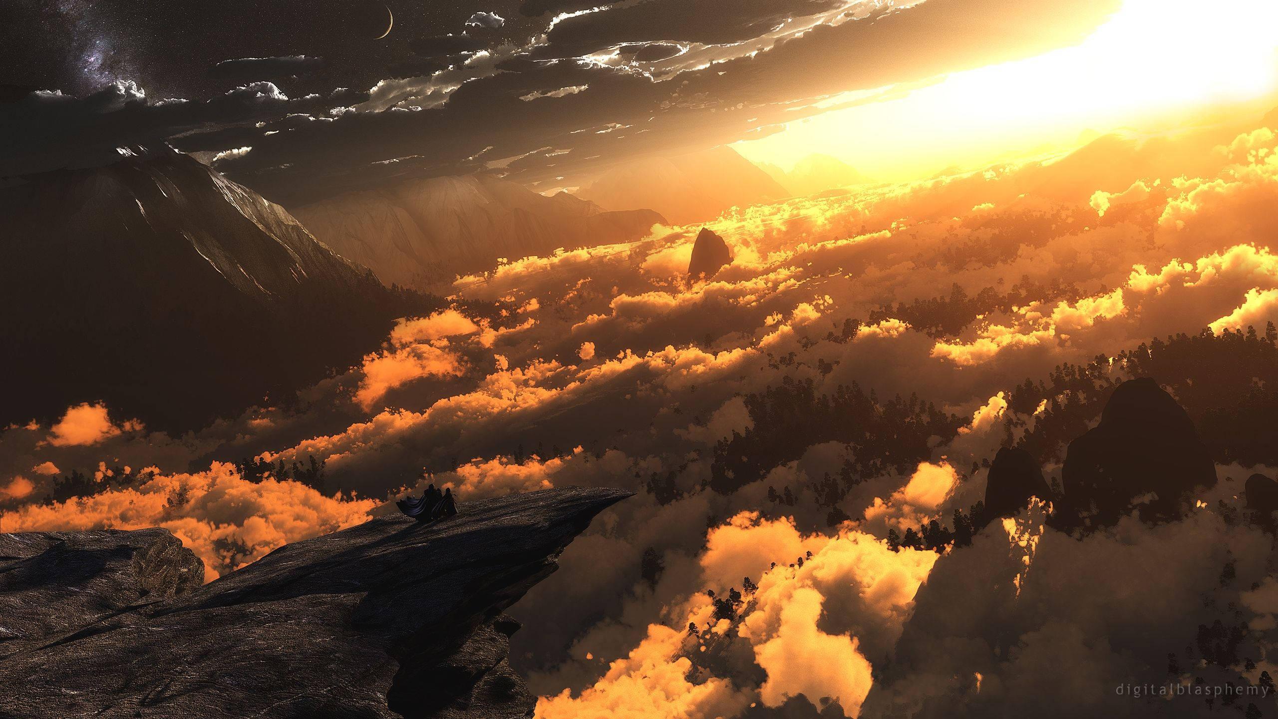 Majestic Fantasy Golden Mountain Peaks Under a Cloudy Sky — 2560x1440 wallpaper