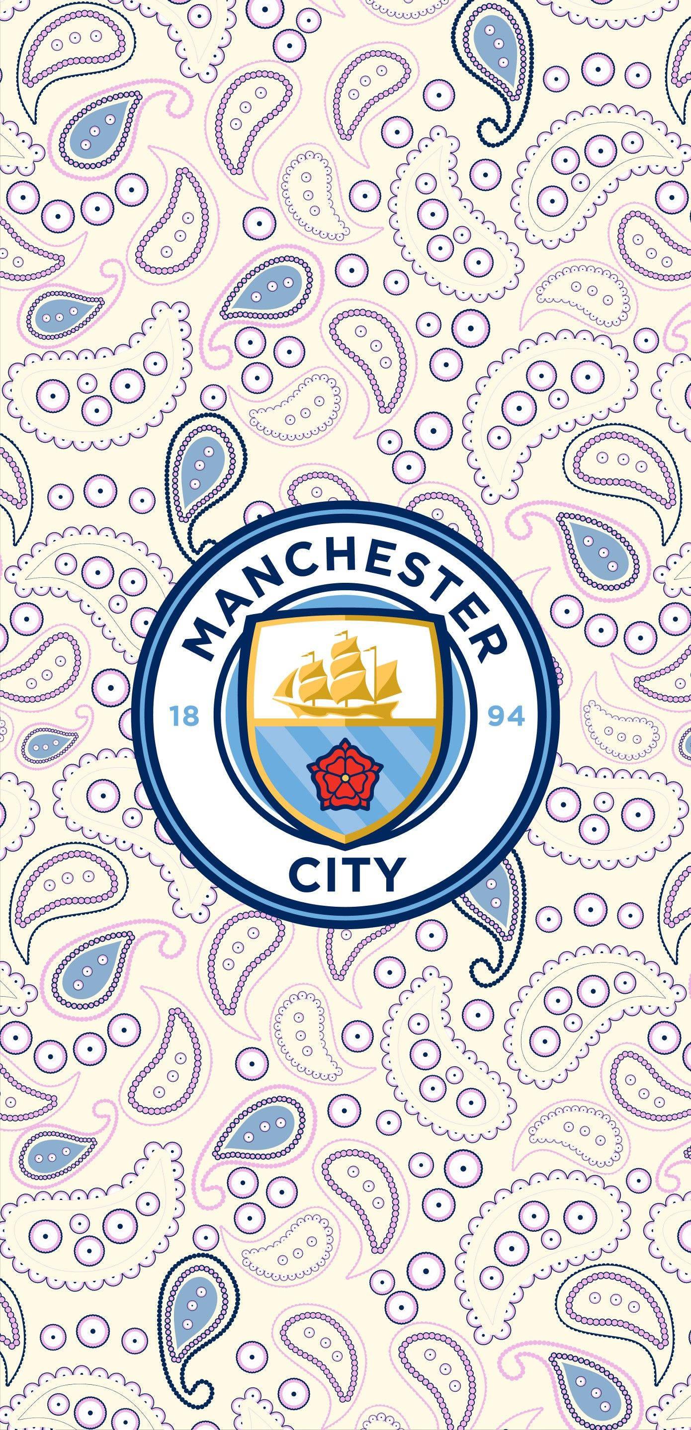 Manchester City Logo on vibrant Paisley background — 1390x2878 wallpaper