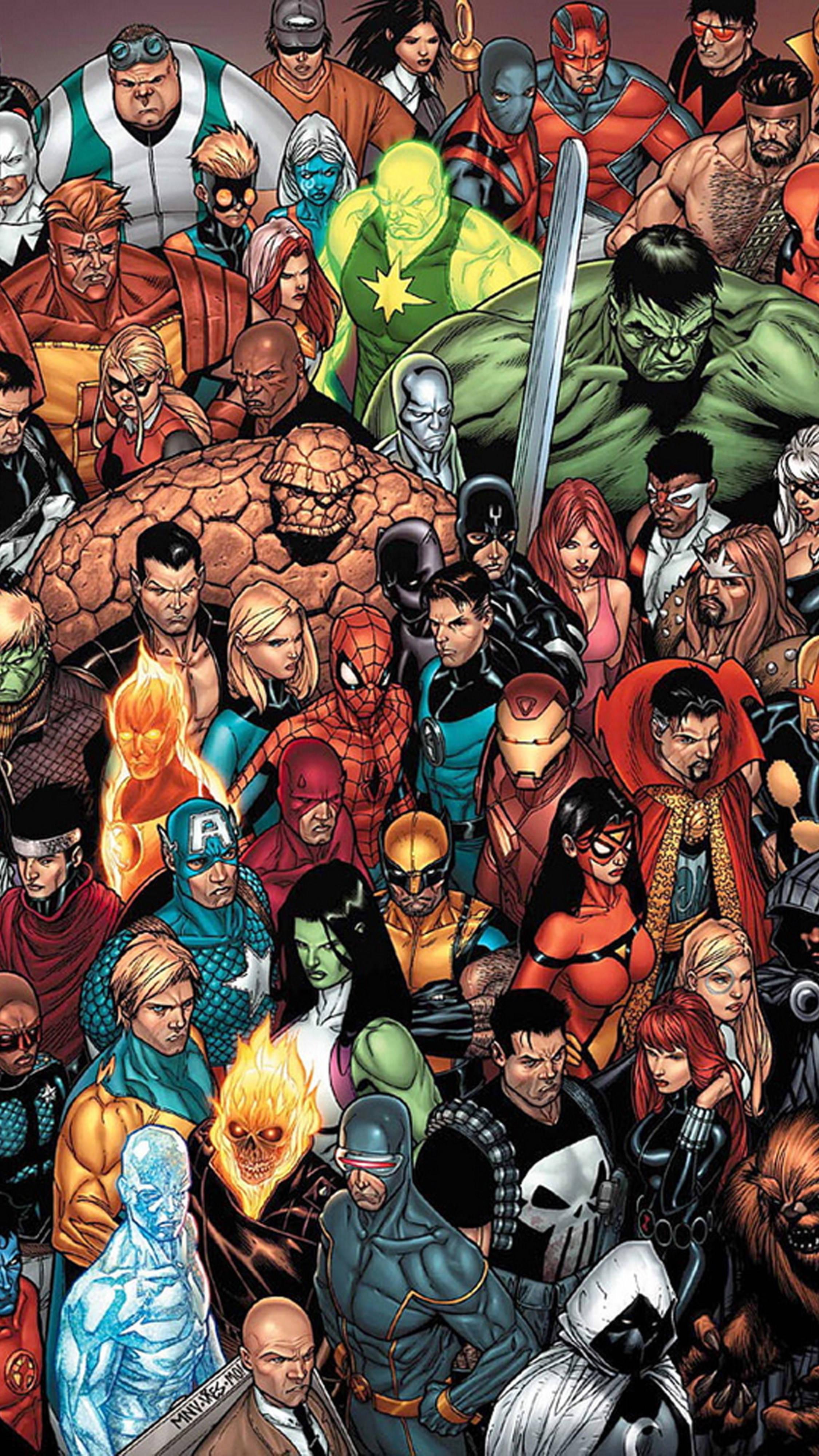 Marvel 4K Phone Superheroes Looking Up — 2250x4000 wallpaper