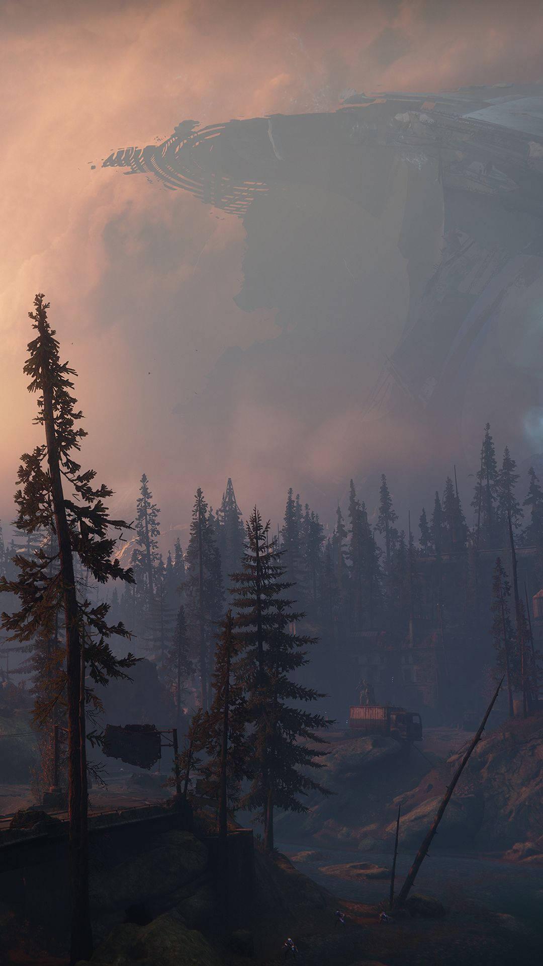 Massive Airship Foggy Forest Phone — 1080x1920 wallpaper
