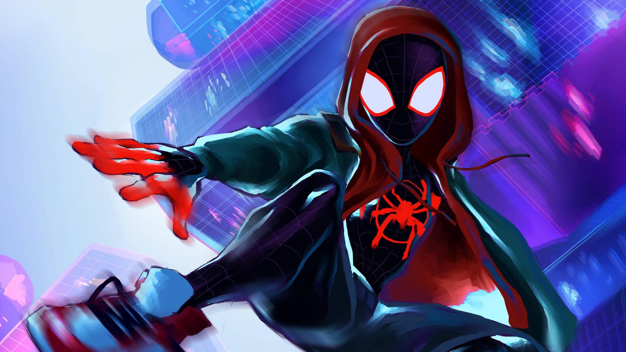 Miles Morales Retrowave Jump — 2048x1152 wallpaper