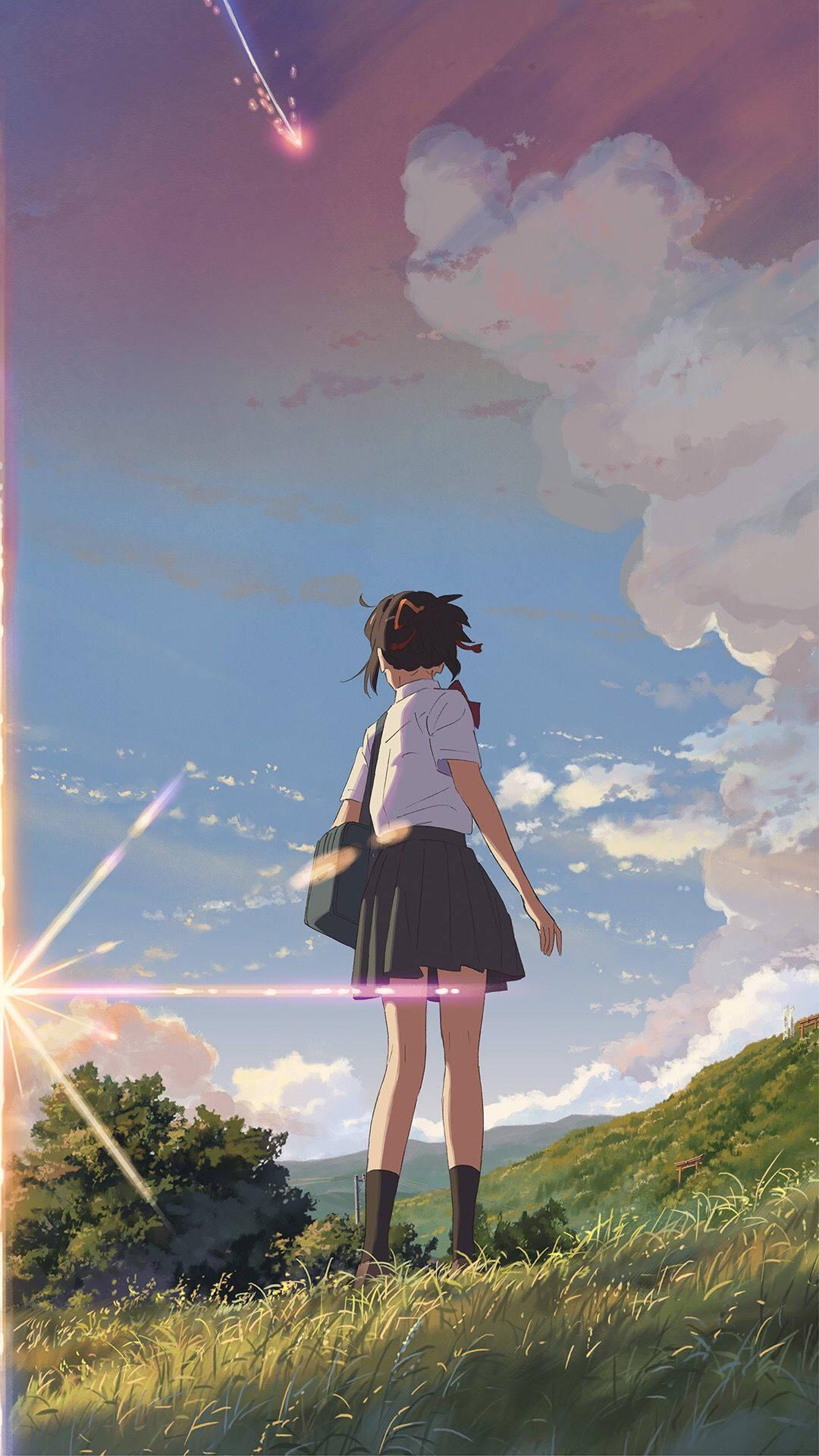 Mitsuha, the heroine of 'Your Name', admiring the beautiful field at sunset — 1080x1920 wallpaper