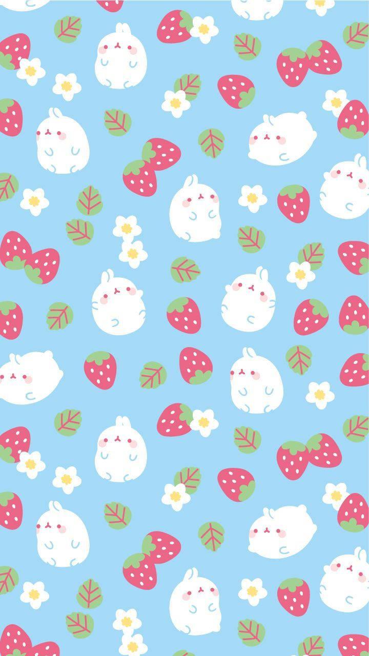 Molang Enjoying a Giant Strawberry in Kawaii Style — 720x1280 wallpaper