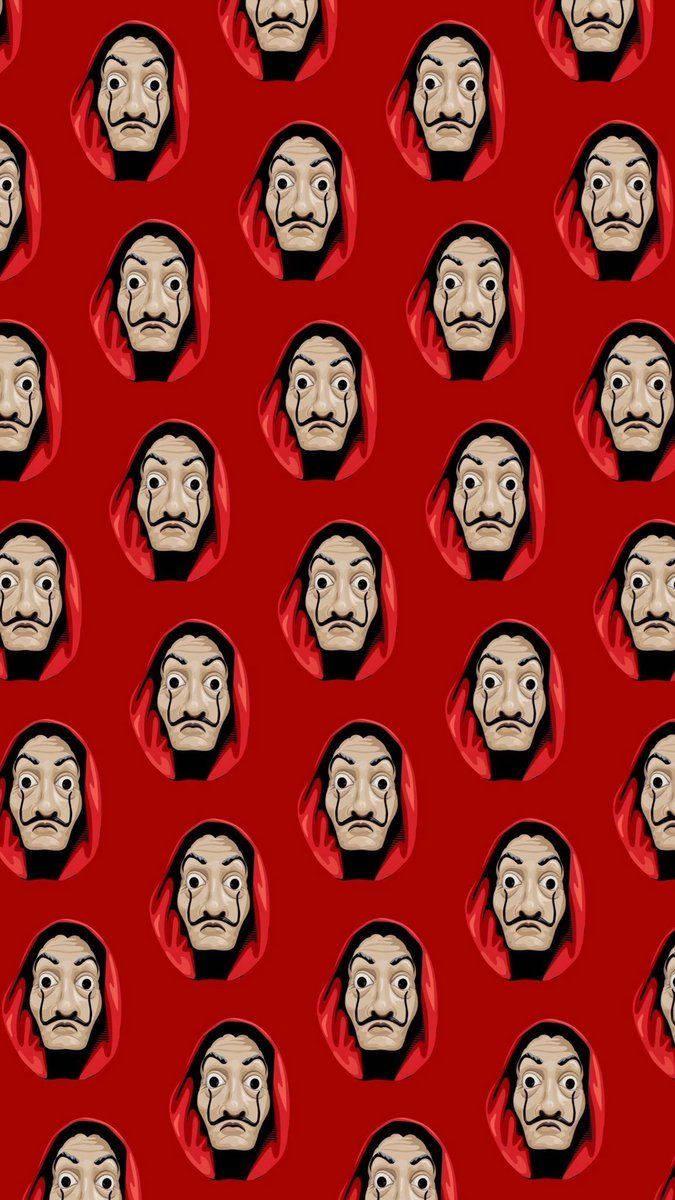 Money Heist Red Mask Pattern — 675x1200 wallpaper