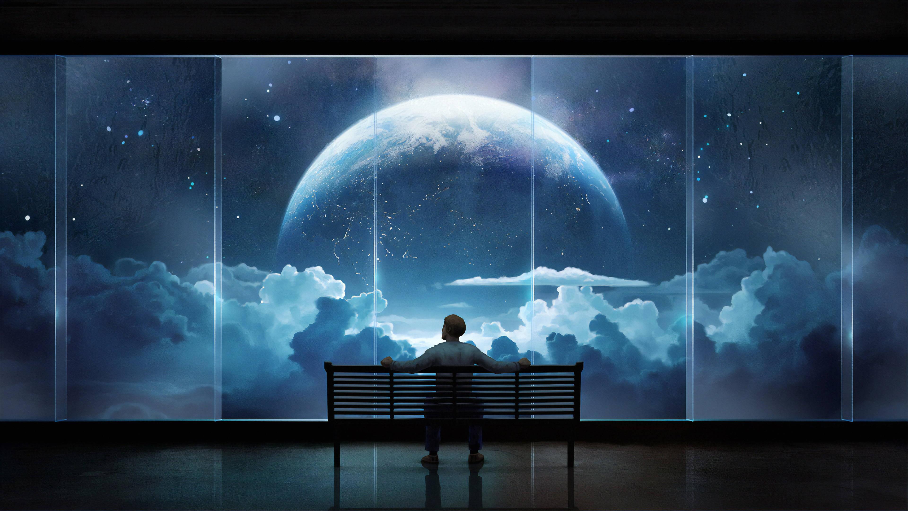Mysterious Dark Night Scene with a Solitary Bench in 4K Ultra HD — 3840x2160 wallpaper