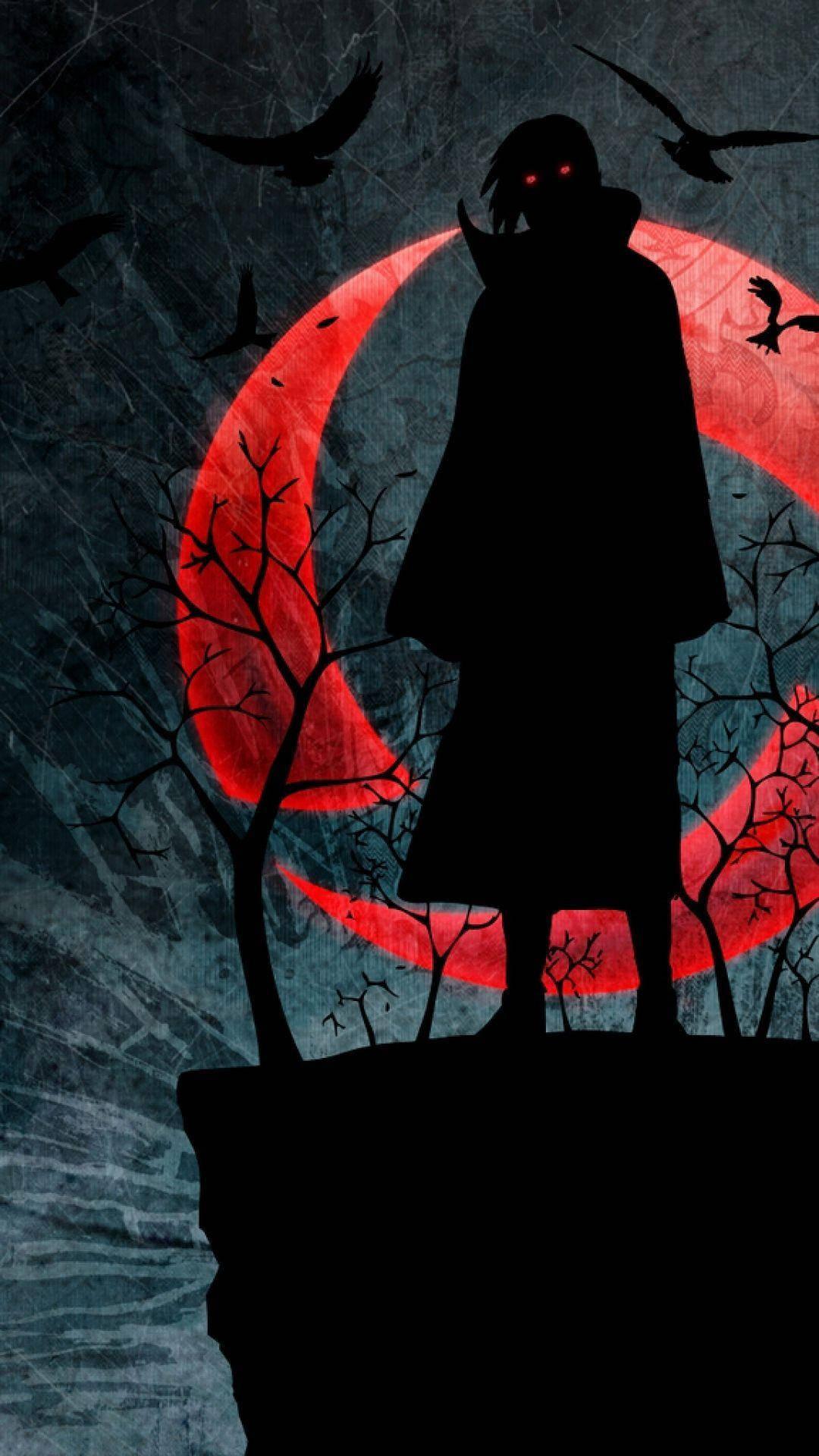 Mysterious Itachi Uchiha under the haunting red moon. — 1080x1920 wallpaper