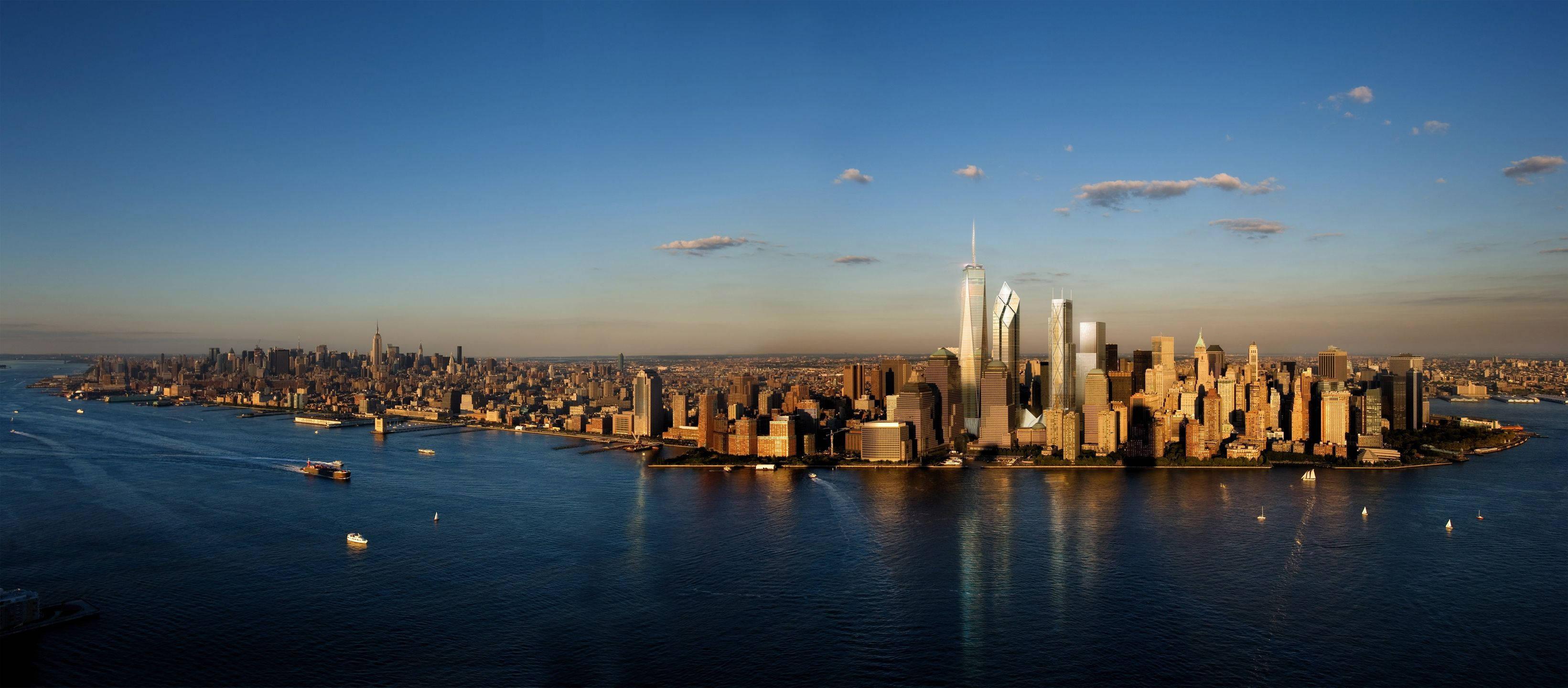 New York Skyline on Dual Monitors — 3282x1440 wallpaper