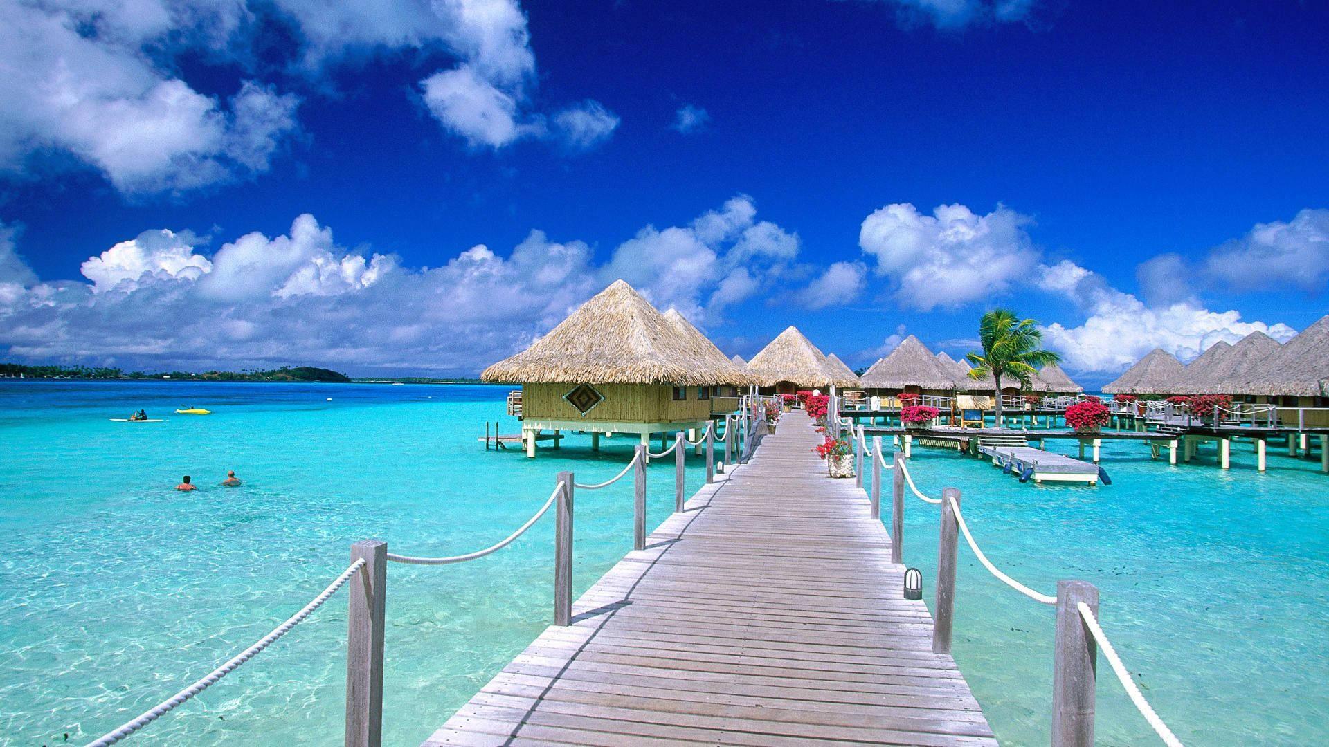 Nipa Huts On Beach In Maldives Desktop — 1920x1080 wallpaper