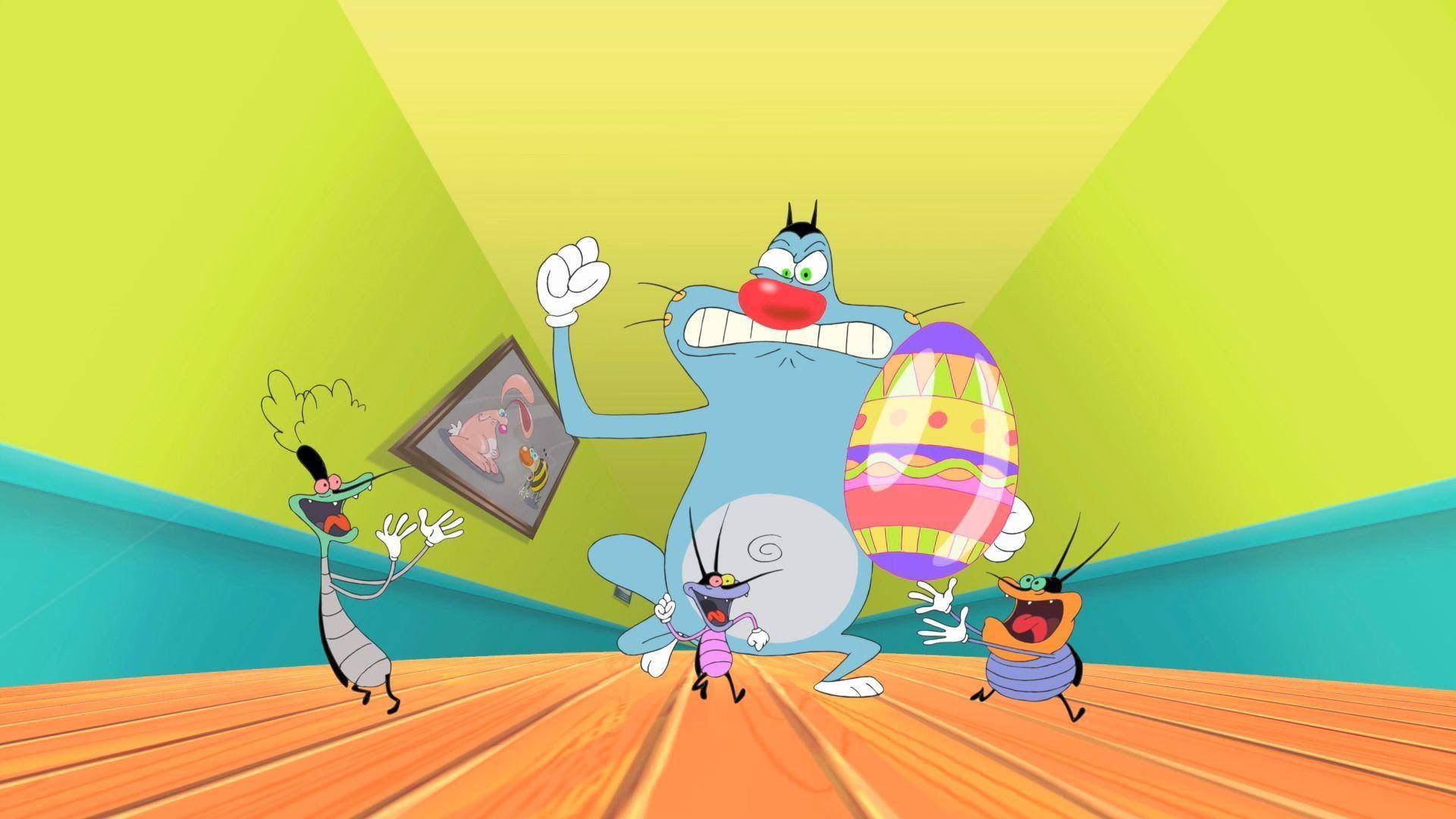 Oggy And The Cockroaches Chasing With Egg — 1920x1080 wallpaper