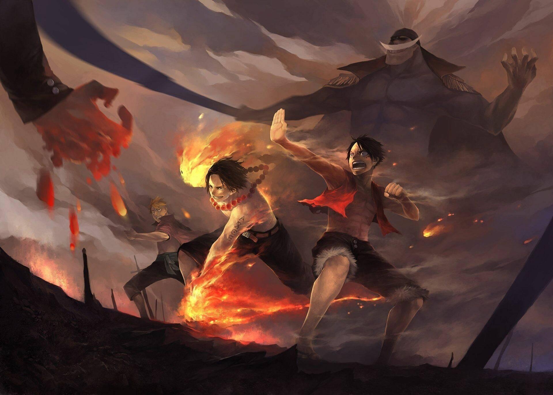 One Piece Desktop Luffy Ace Sabo Battle — 1920x1370 wallpaper