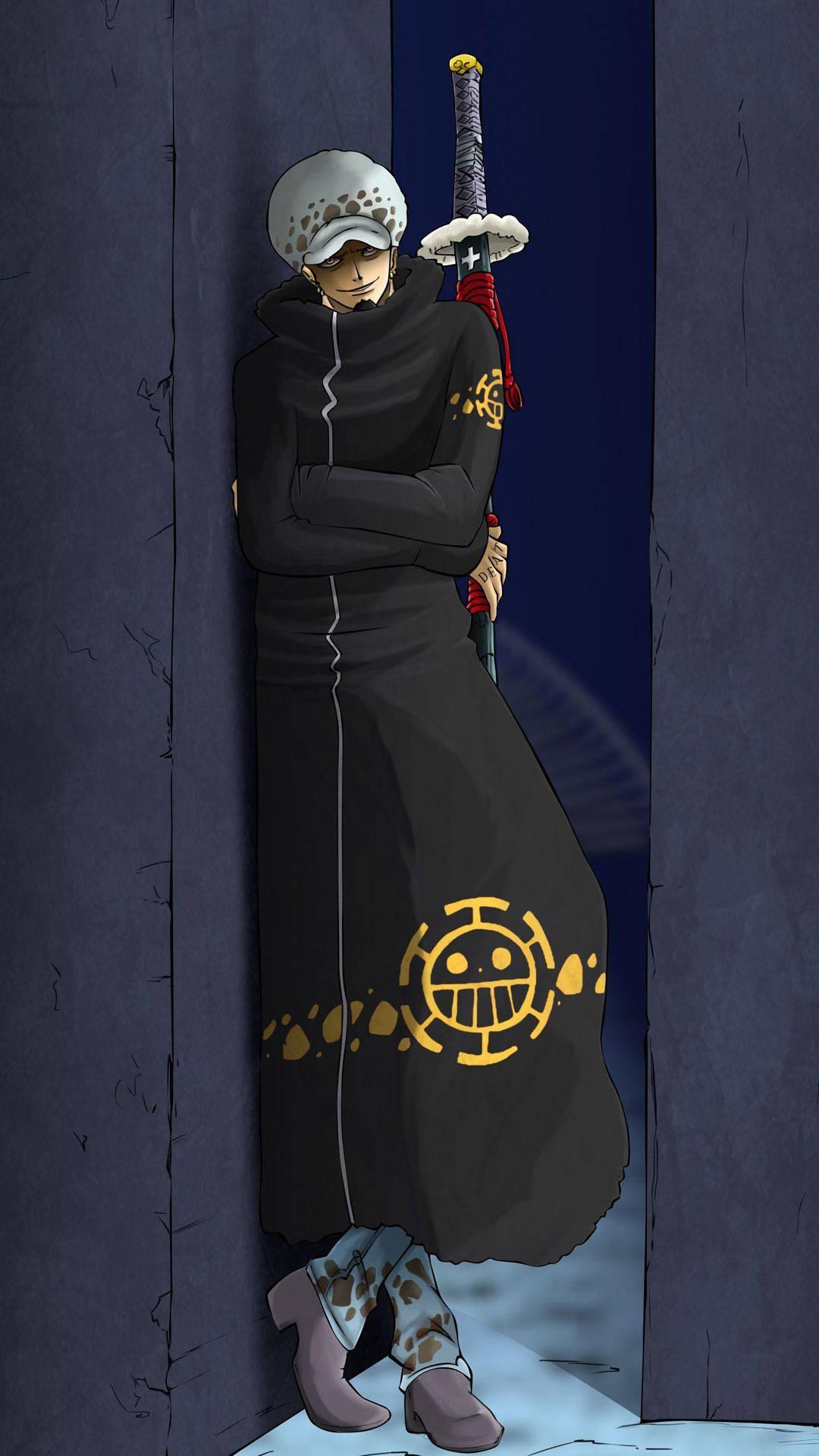 One Piece Phone Law Leaning On Wall — 1080x1920 wallpaper