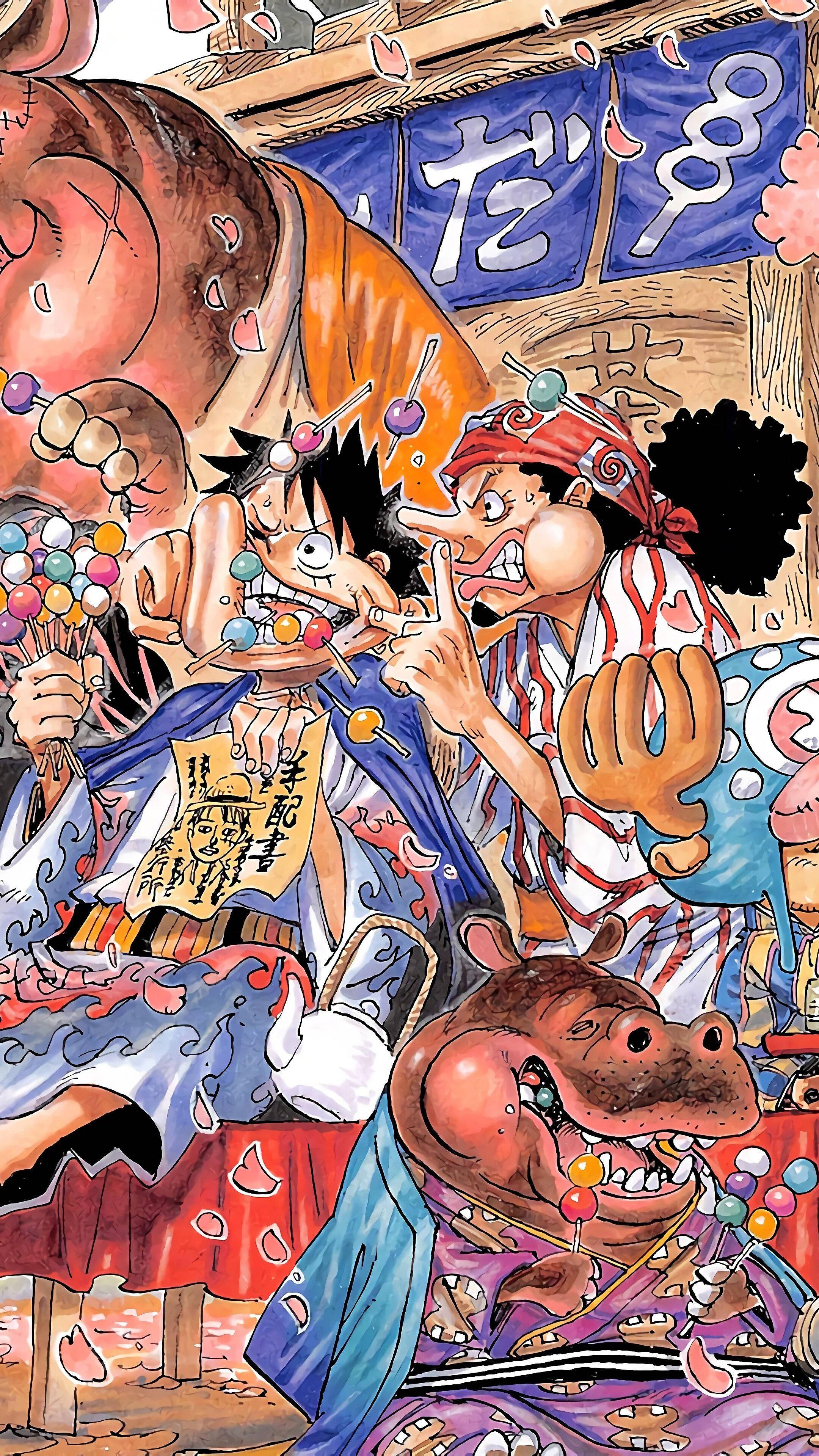 One Piece Phone Luffy And Usopp Eating Dango — 2160x3840 wallpaper