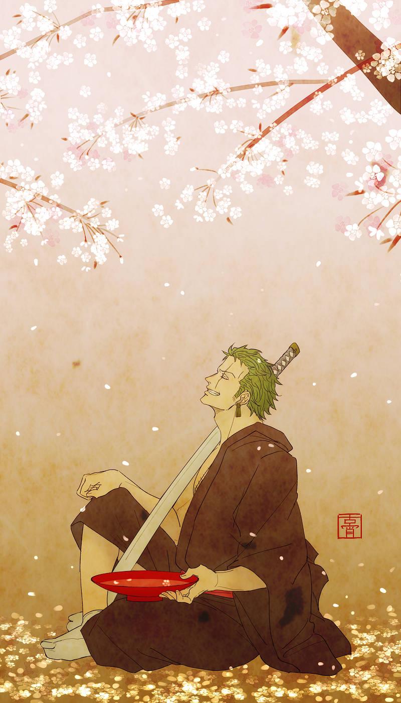 One Piece Phone Zoro Under Sakura Tree — 800x1400 wallpaper