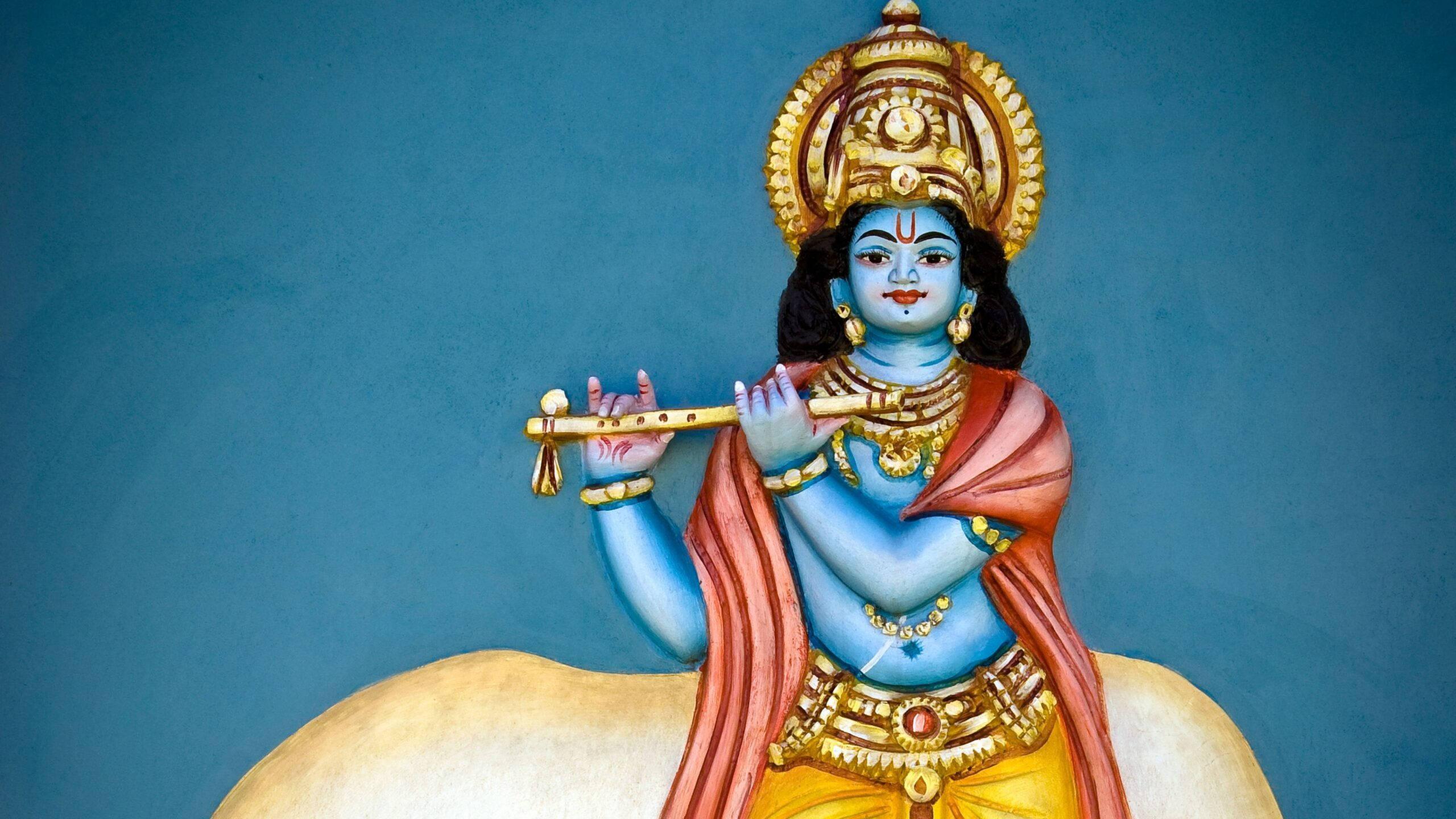 Painting Of Bal Krishna Playing The Flute — 2560x1440 wallpaper