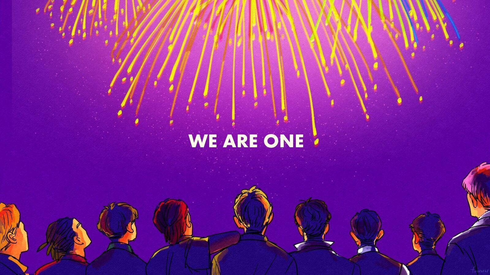Pastel Purple Fireworks We Are One — 1600x900 wallpaper