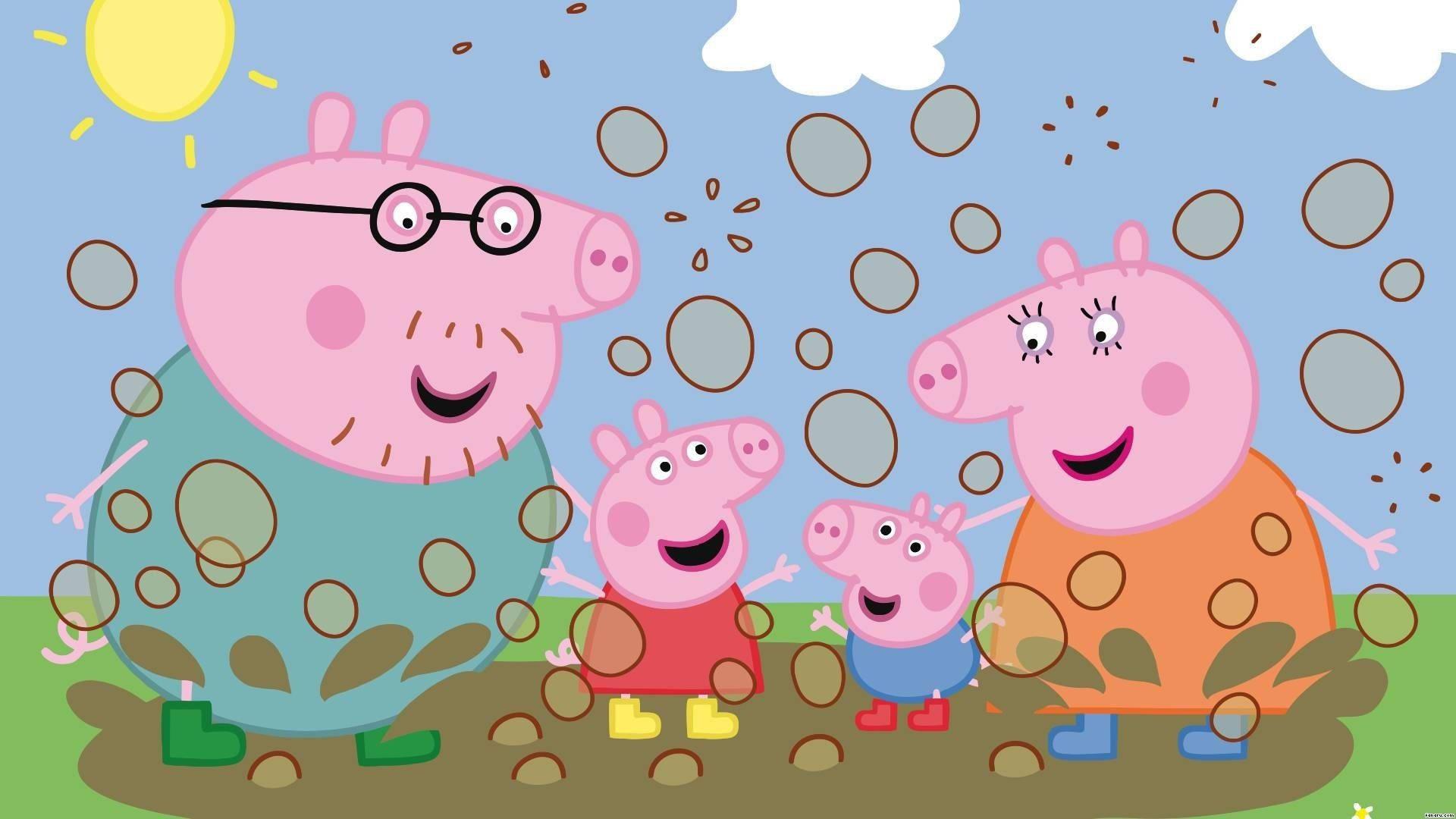 Peppa Pig and her family jumping in muddy puddles. — 1920x1080 wallpaper