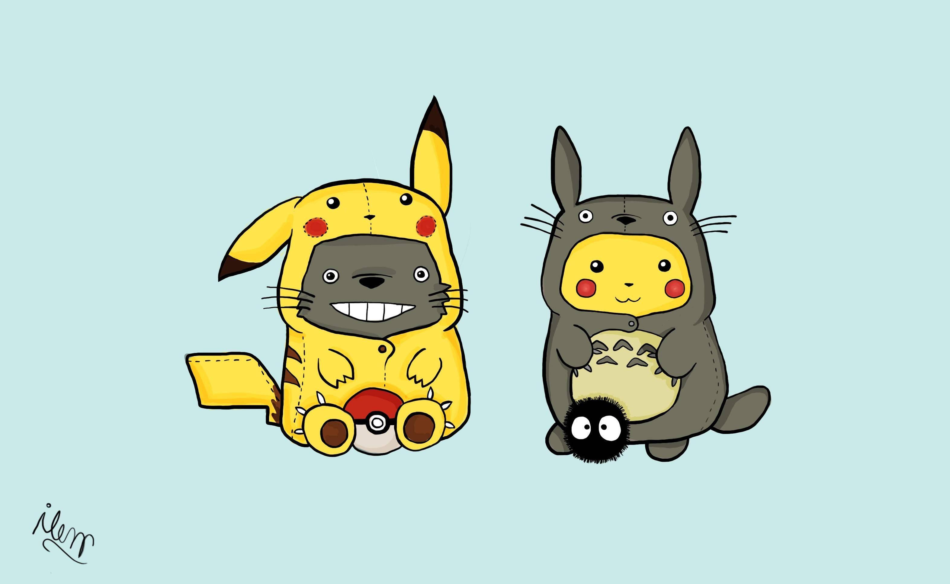 Pikachu and Totoro bonding — 3146x1934 wallpaper