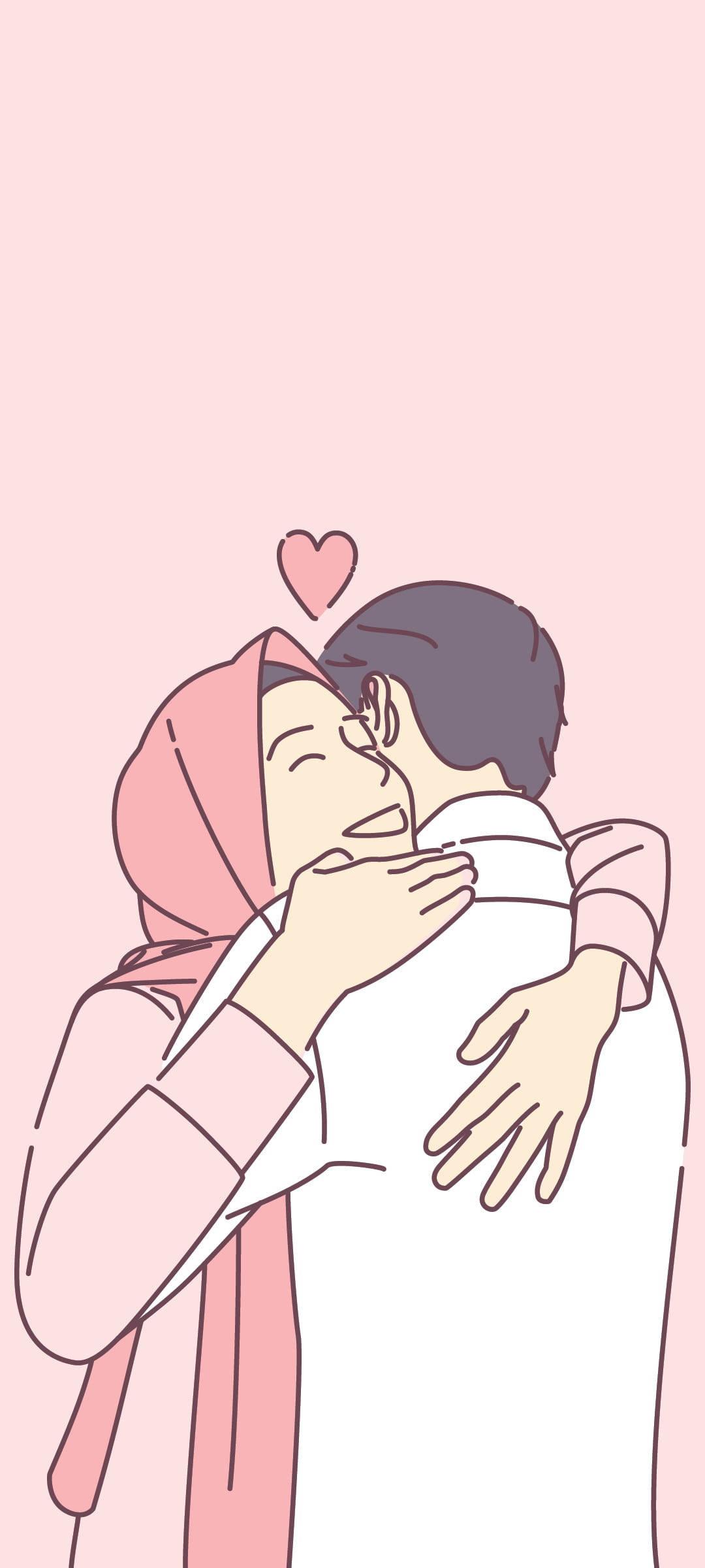 Pink Love Cartoon Hijab — 1080x2400 wallpaper