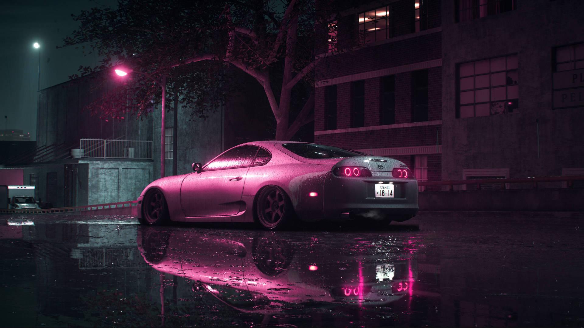 Pink Toyota Supra At Rainy Night — 1920x1080 wallpaper