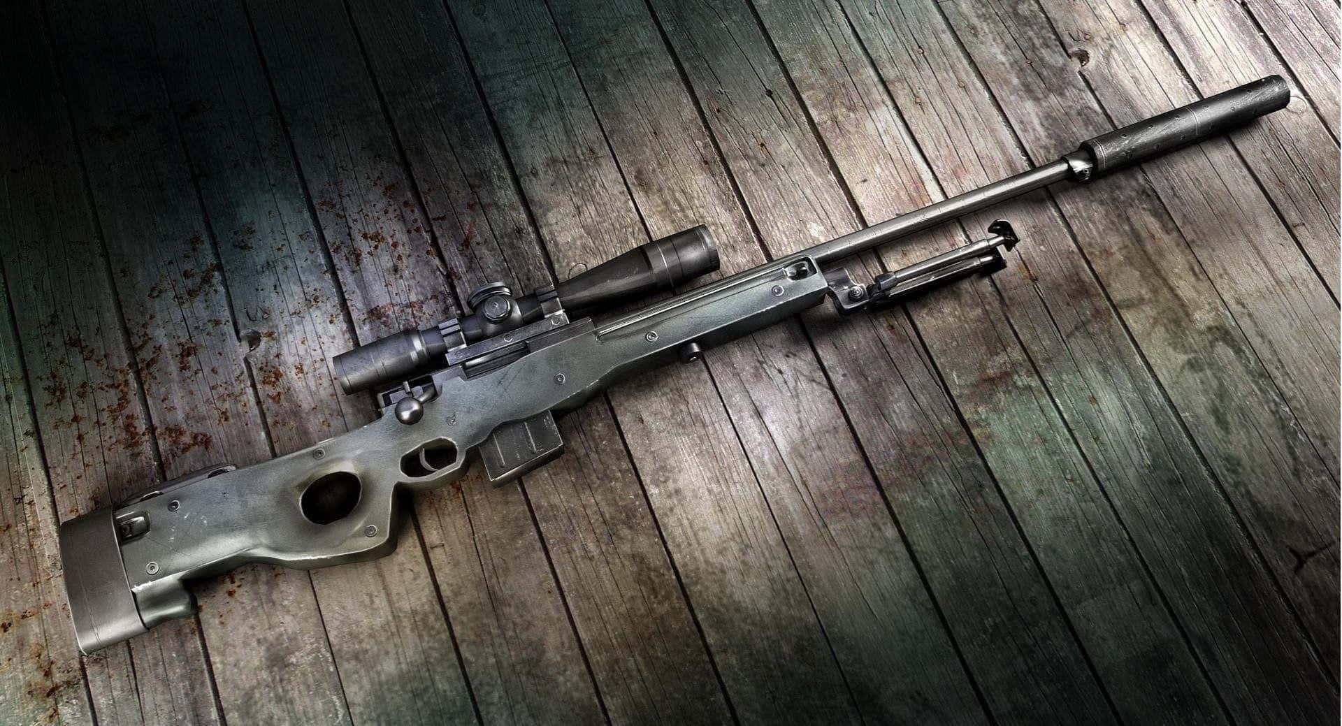 Precision Sniper Rifle Wooden Background