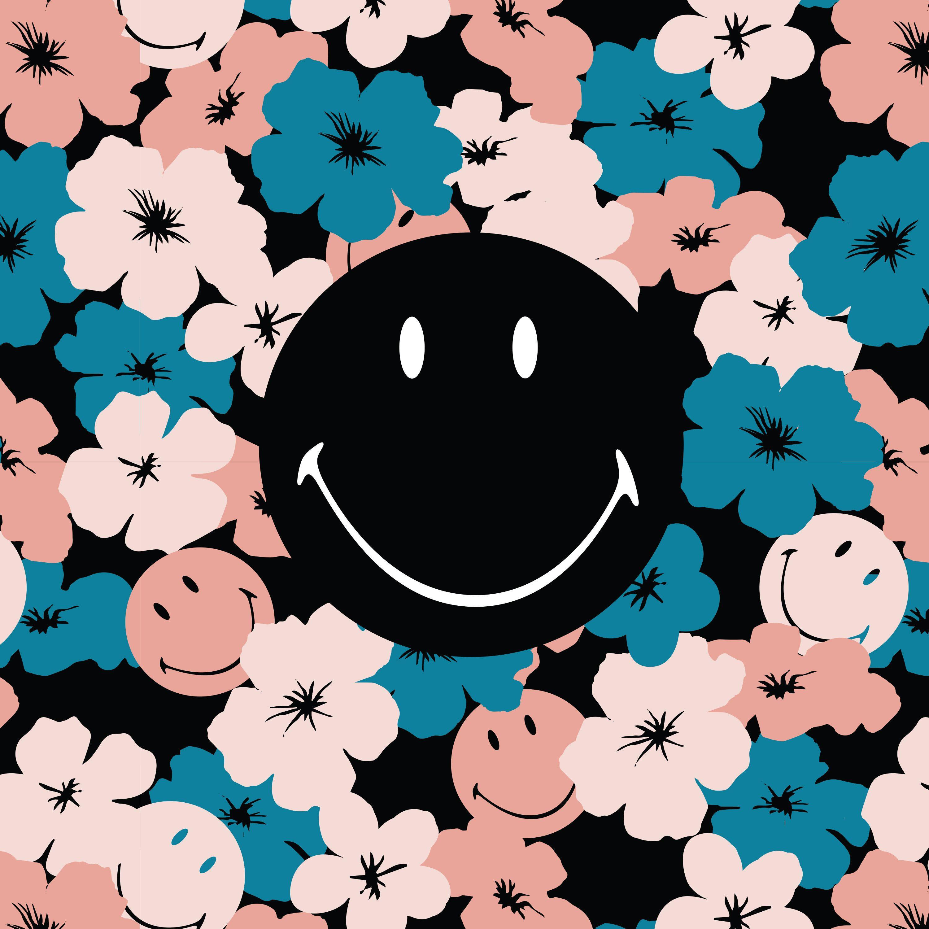 Preppy Smiley Face Floral Pattern — 3000x3000 wallpaper