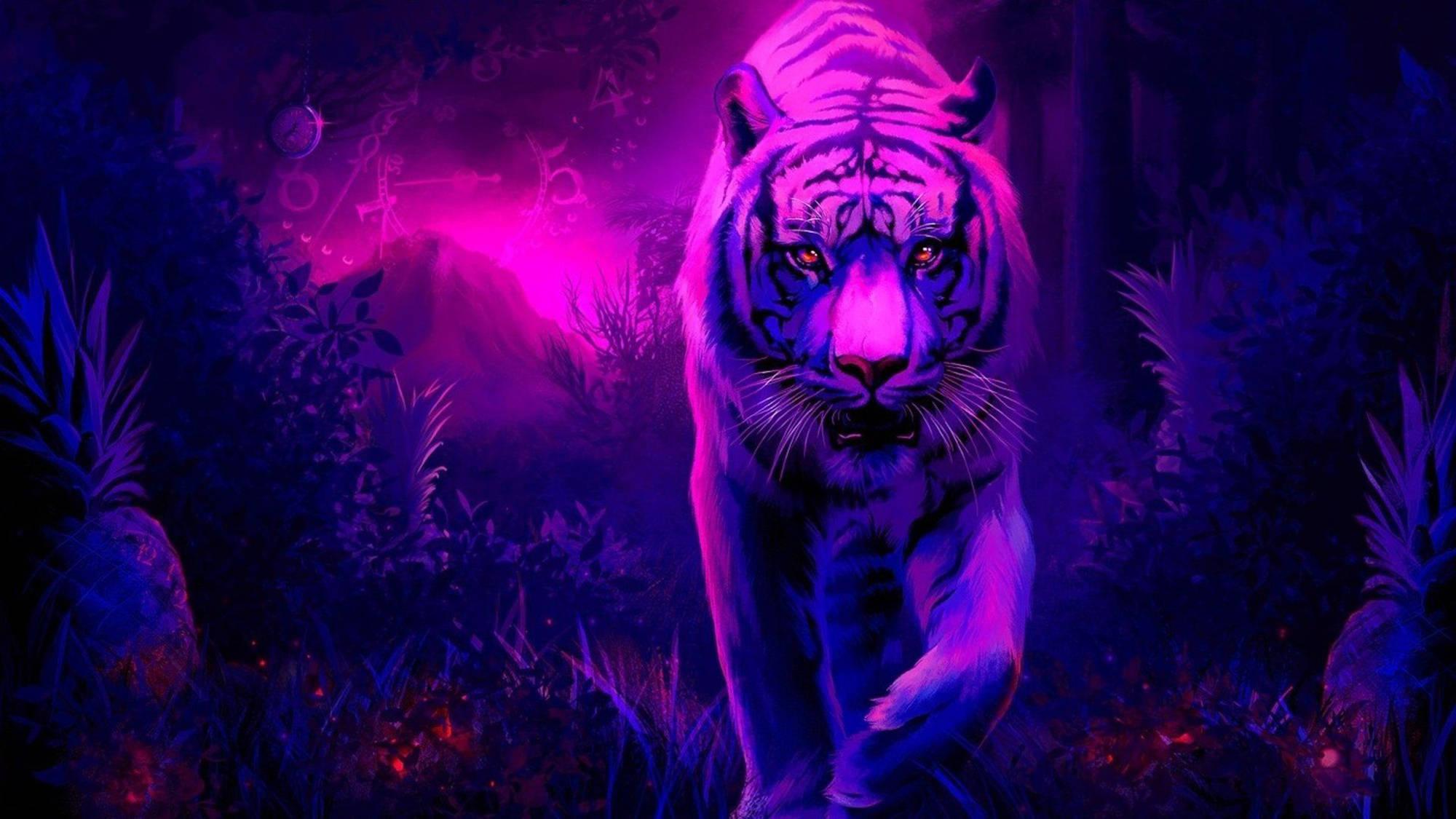 Purple Aesthetic Tiger Art — 2000x1125 wallpaper