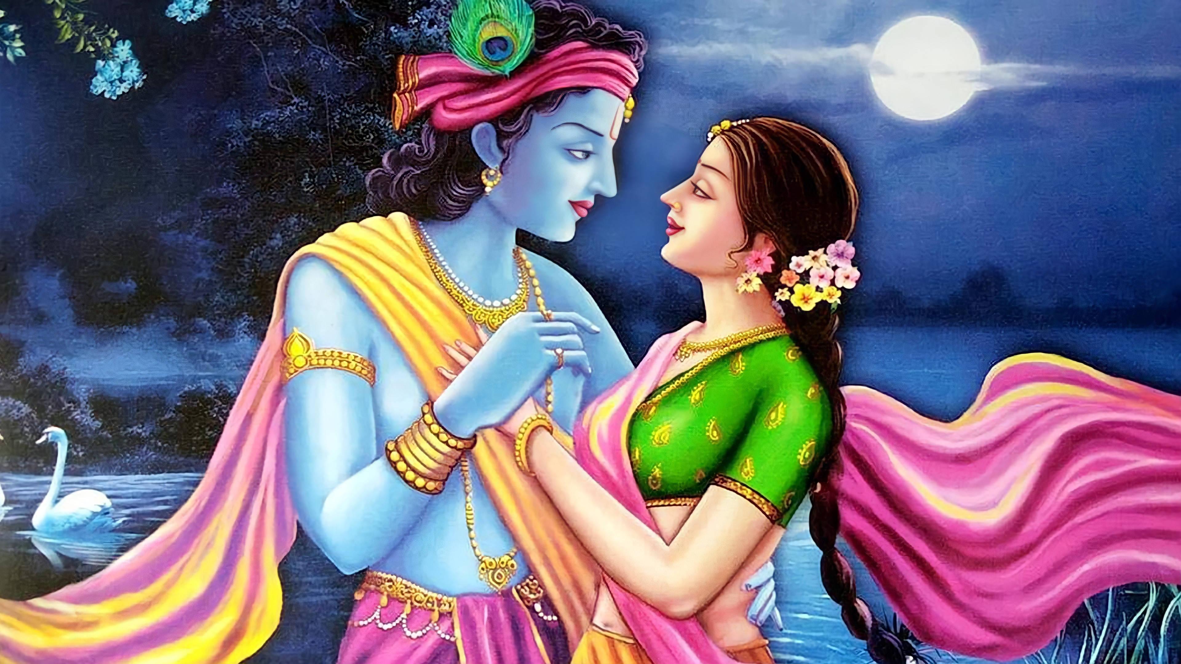 Radha Krishna 3D Blue Full Moon — 3840x2160 wallpaper