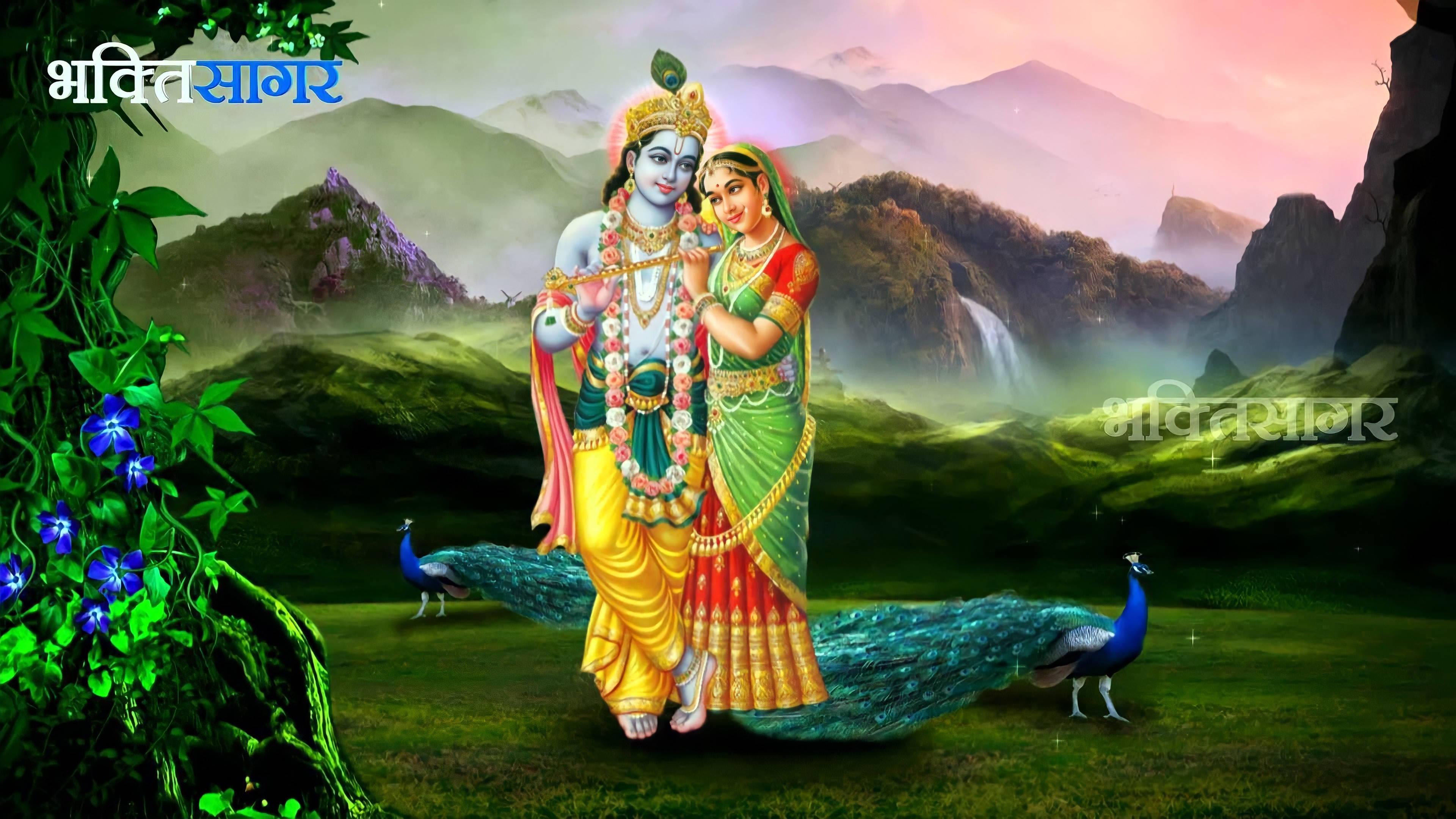 Radha Krishna 3D On Mountain Grass — 3840x2160 wallpaper