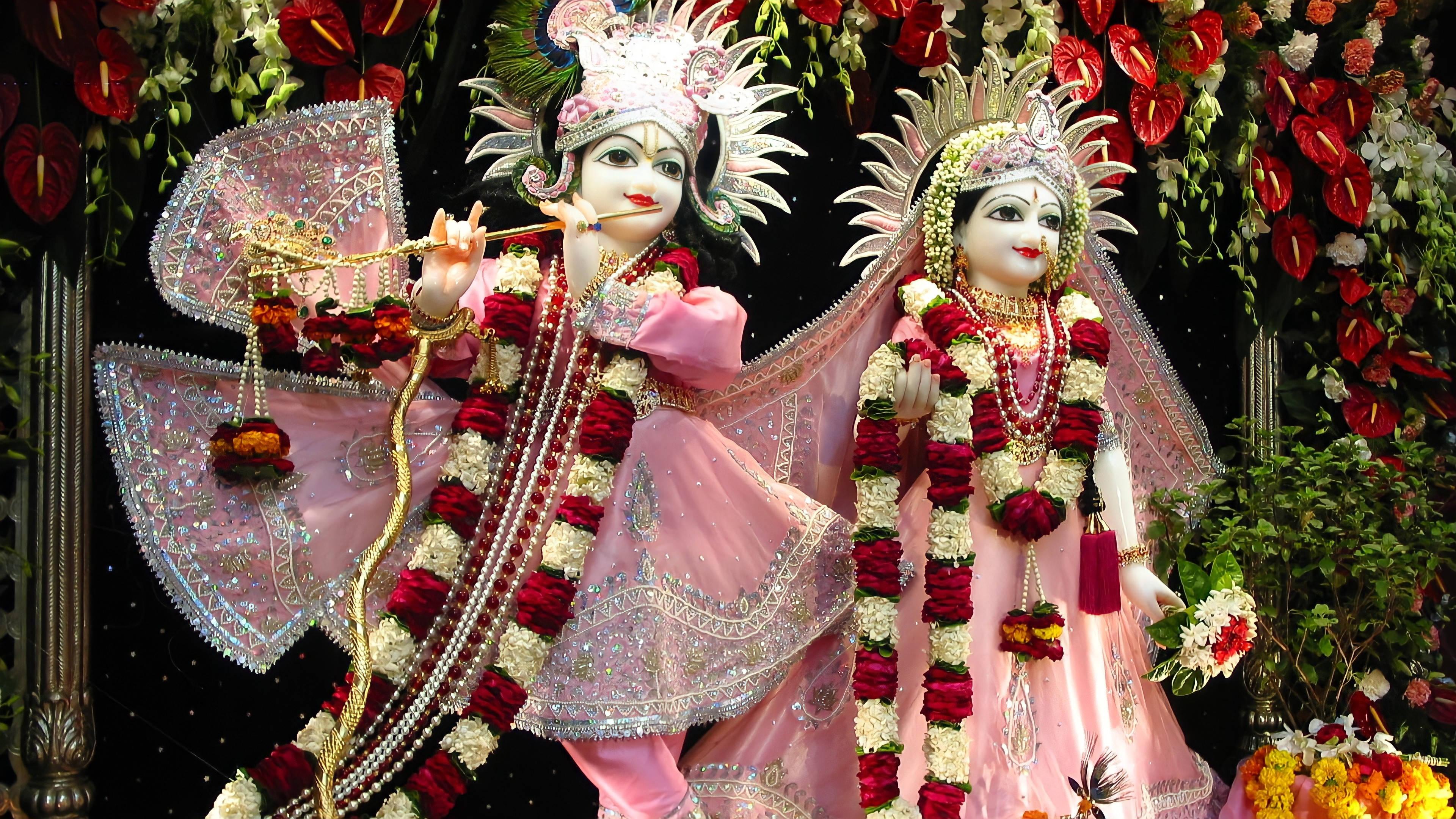 Radha Krishna 3D Pink Clothing Statues — 3840x2160 wallpaper