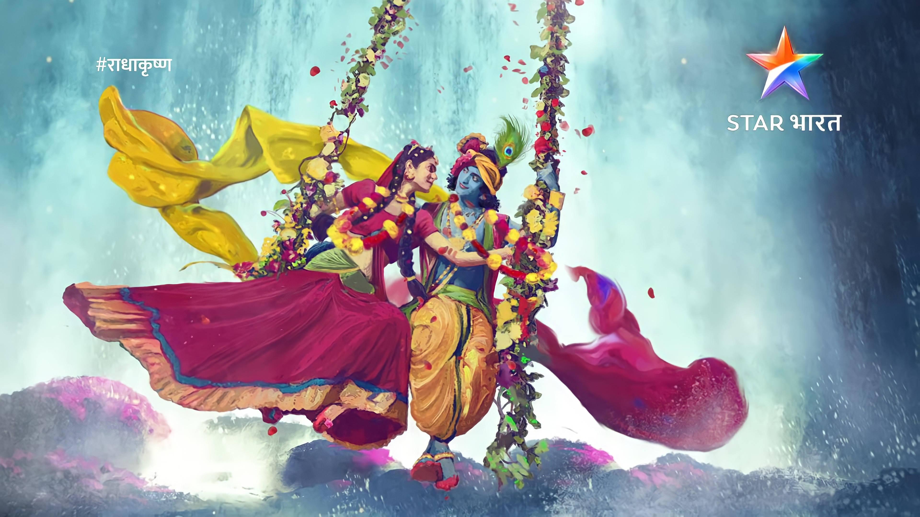 Radha Krishna 3D Swinging On Vines — 3840x2160 wallpaper