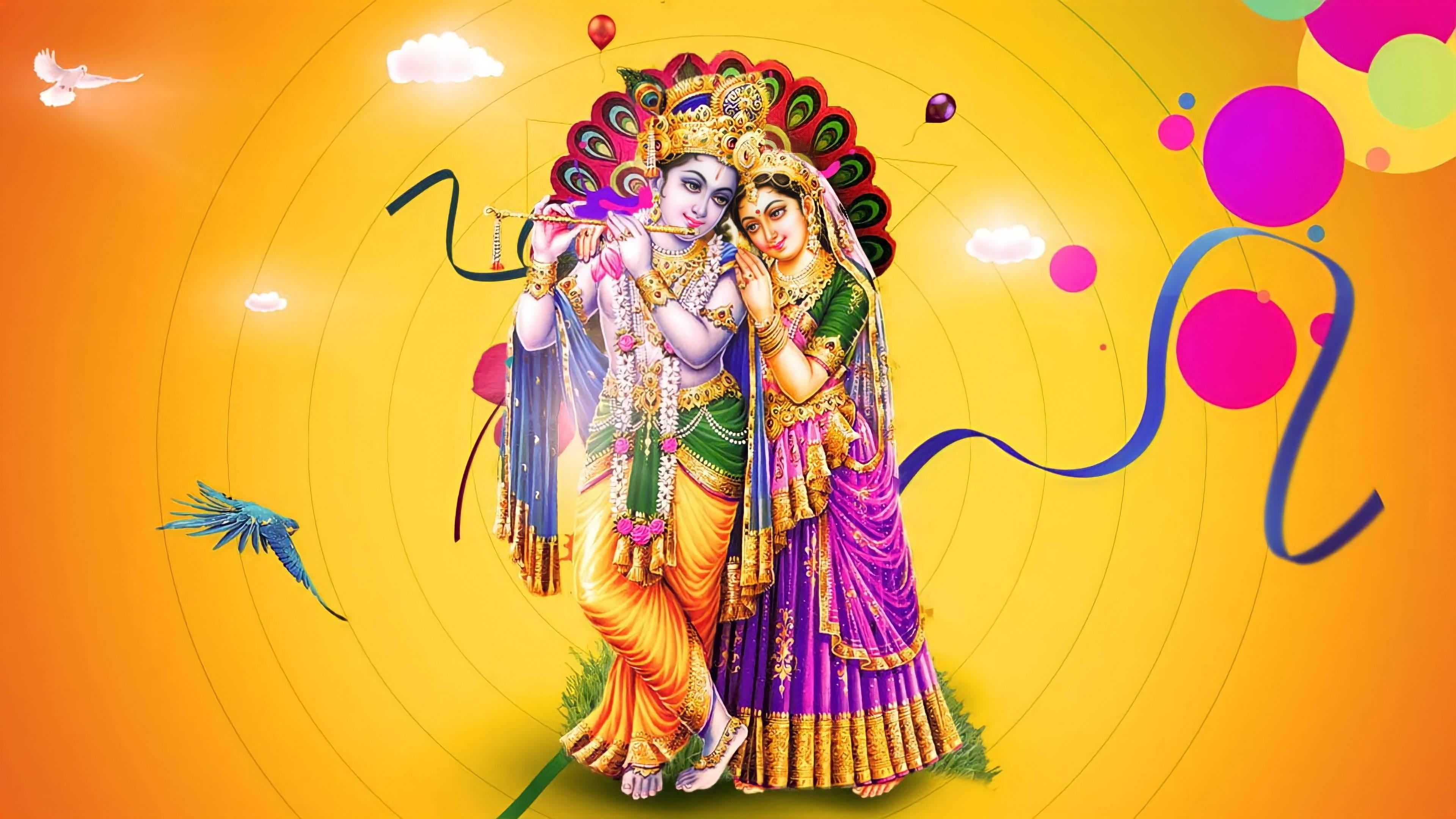 Radha Krishna 3D Yellow Background — 3840x2160 wallpaper
