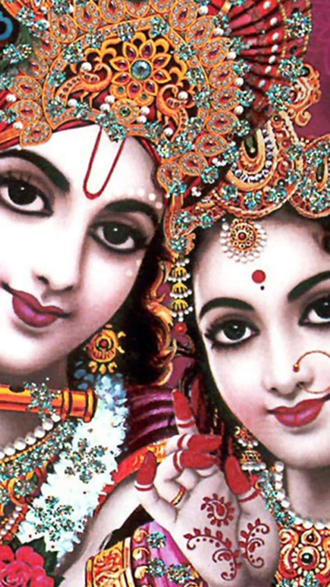 Radha Krishna Artwork Red And Gold Picture