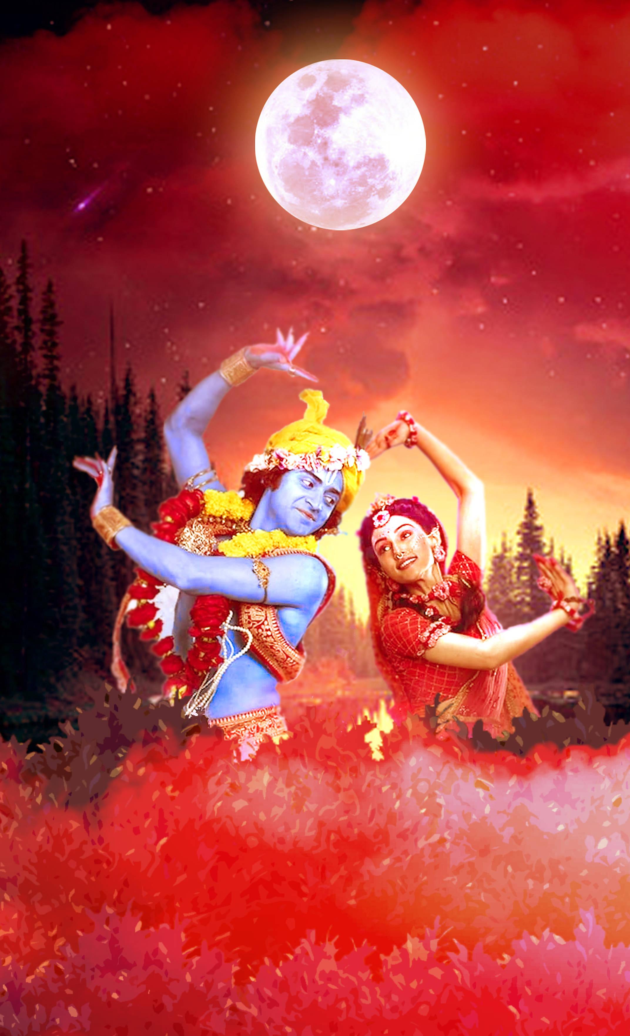 Radha-Krishna Red Sky With Moon