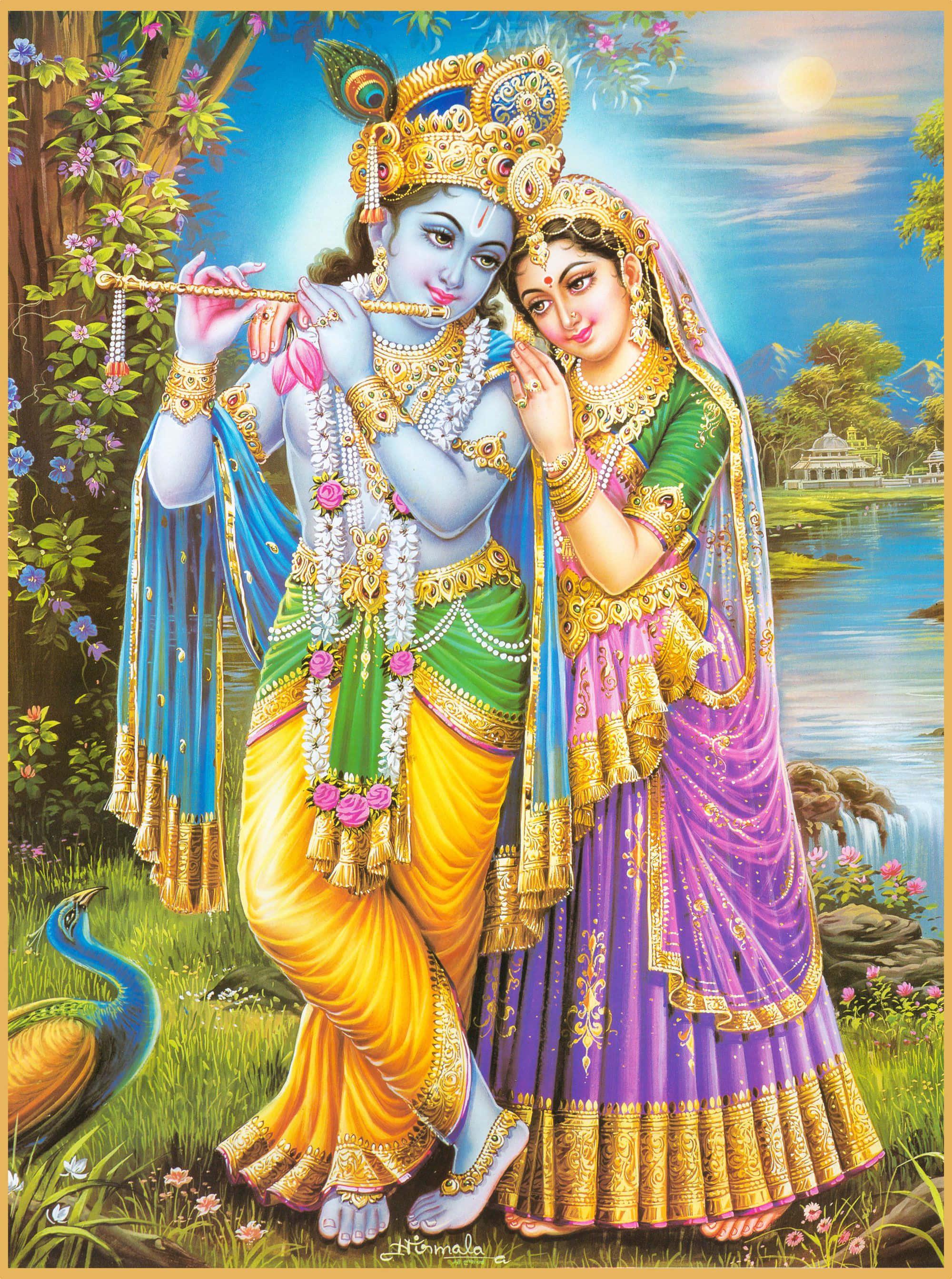 Radha Krishna With Peacock In Garden Picture
