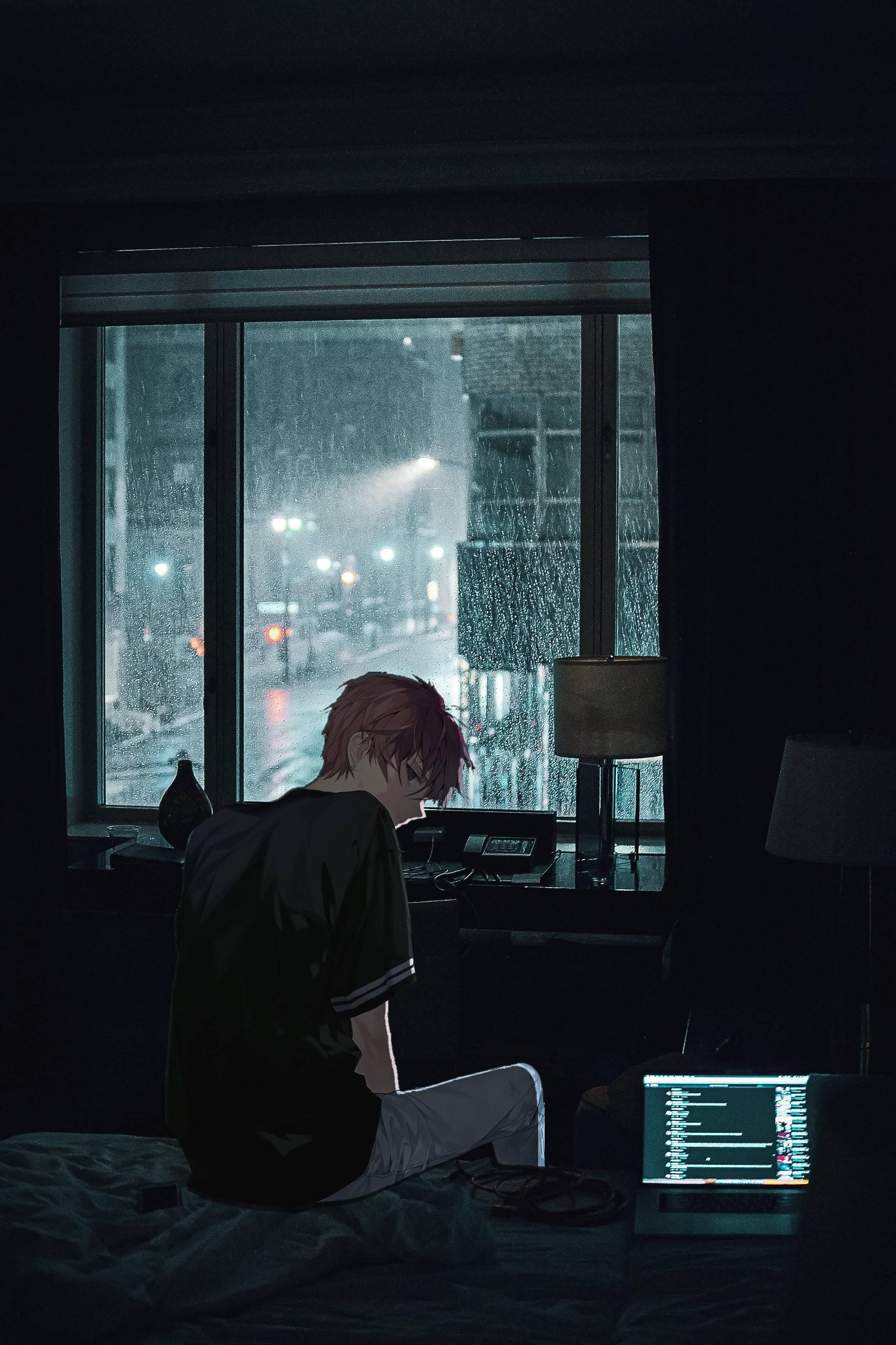 Rainy Depressing Sad Boy Cartoon — 2522x3783 wallpaper