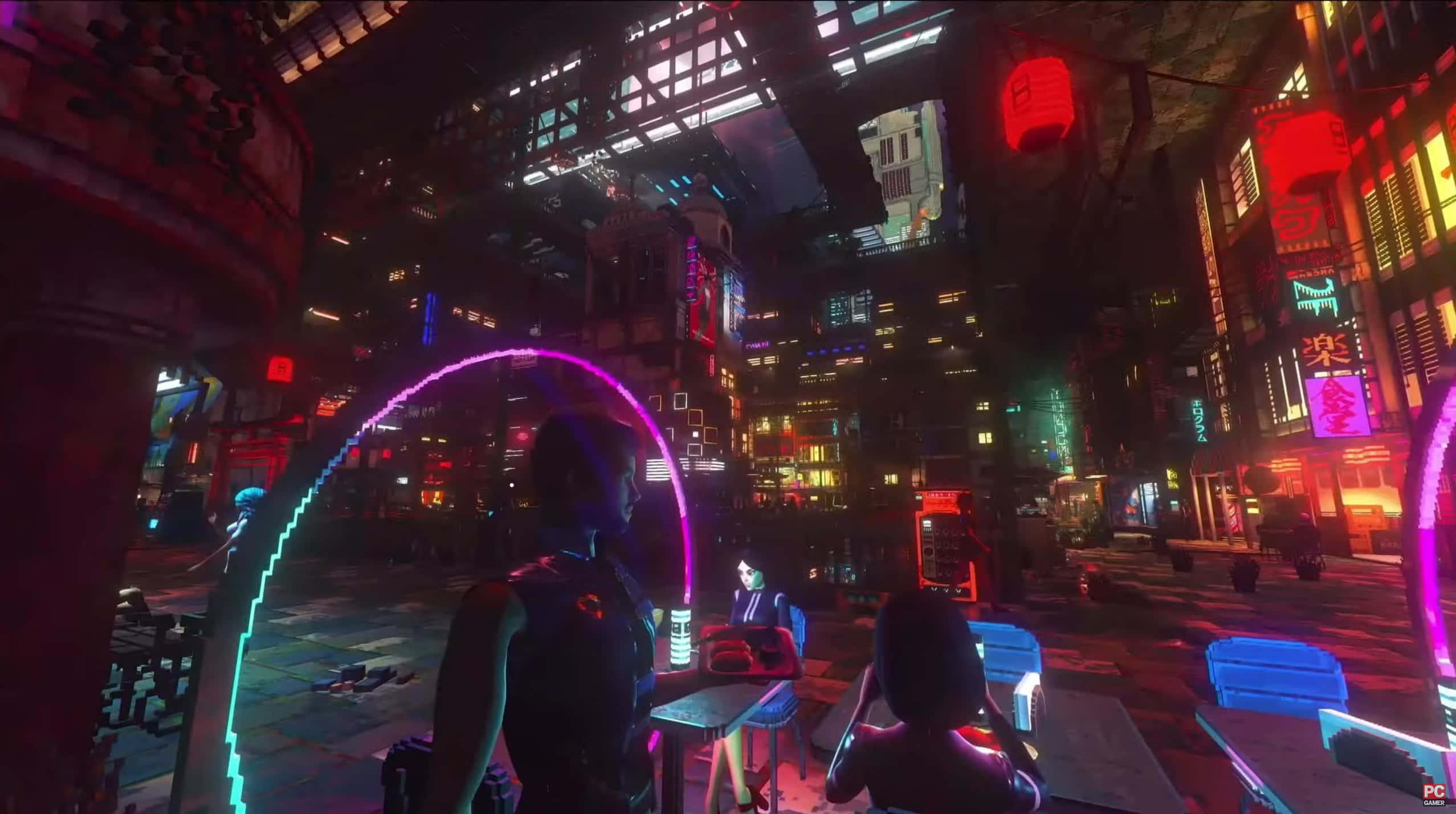 Reaching for the Future for a Cyberpunk Tryst — 2555x1429 wallpaper