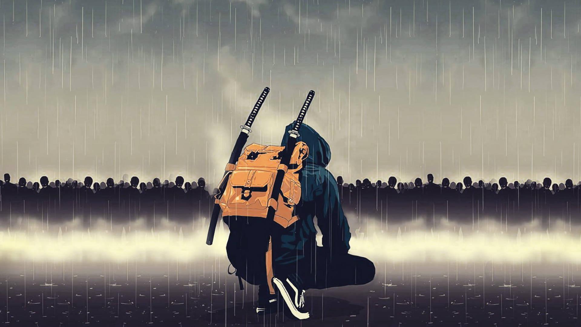 Ready for adventure Samurai equipped with a backpack — 1920x1080 wallpaper