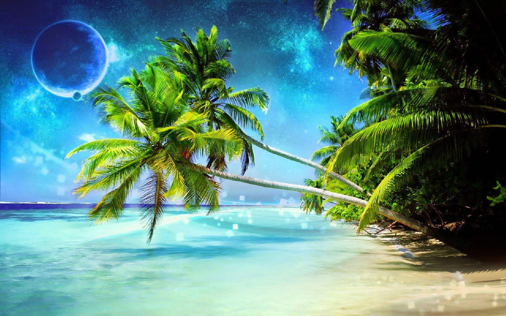 Relaxing on a sunny beach surrounded by 3D coconut trees — 1920x1200 wallpaper